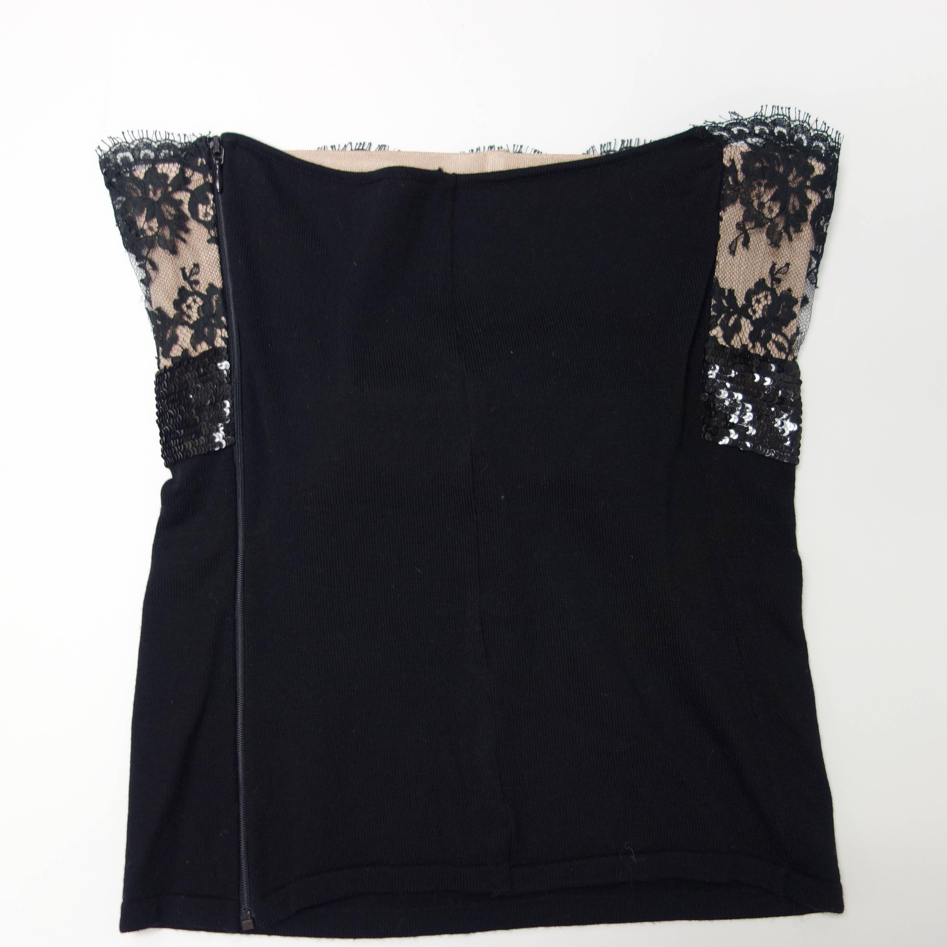 Valentino Strapless Top Exquisite Black Lace Over Nude Sequin Bow Front 1