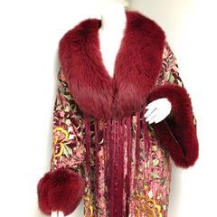 Adrienne Landau Floral Embroidered Velvet Fox Fringe Kimono Coat Jacket