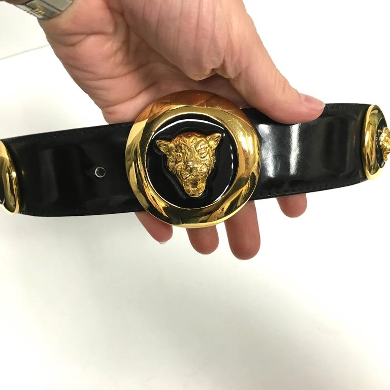 ESCADA Vintage Belt Patent Leather Gold Enamel Leopard XS at  display picture 1
