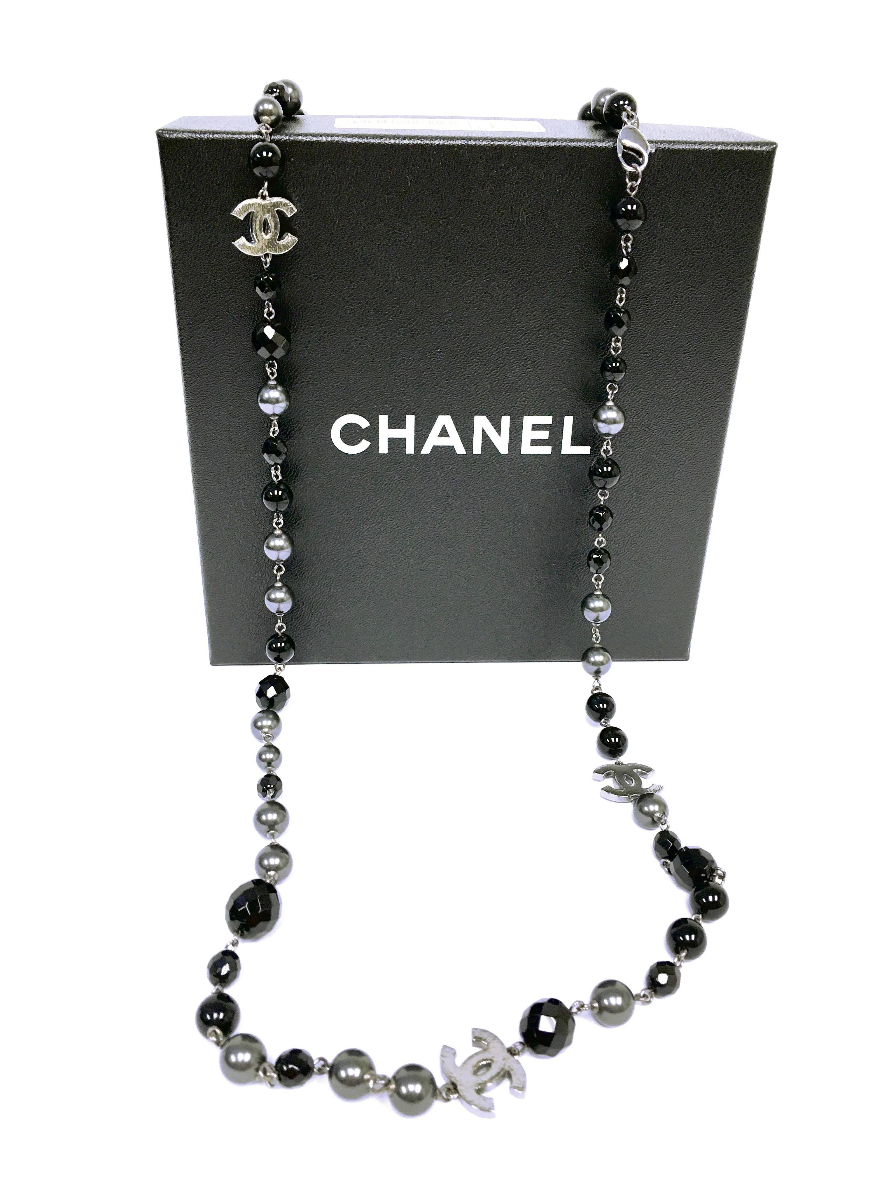 Chanel CC Logo Black Grey Pearl Long Necklace 45