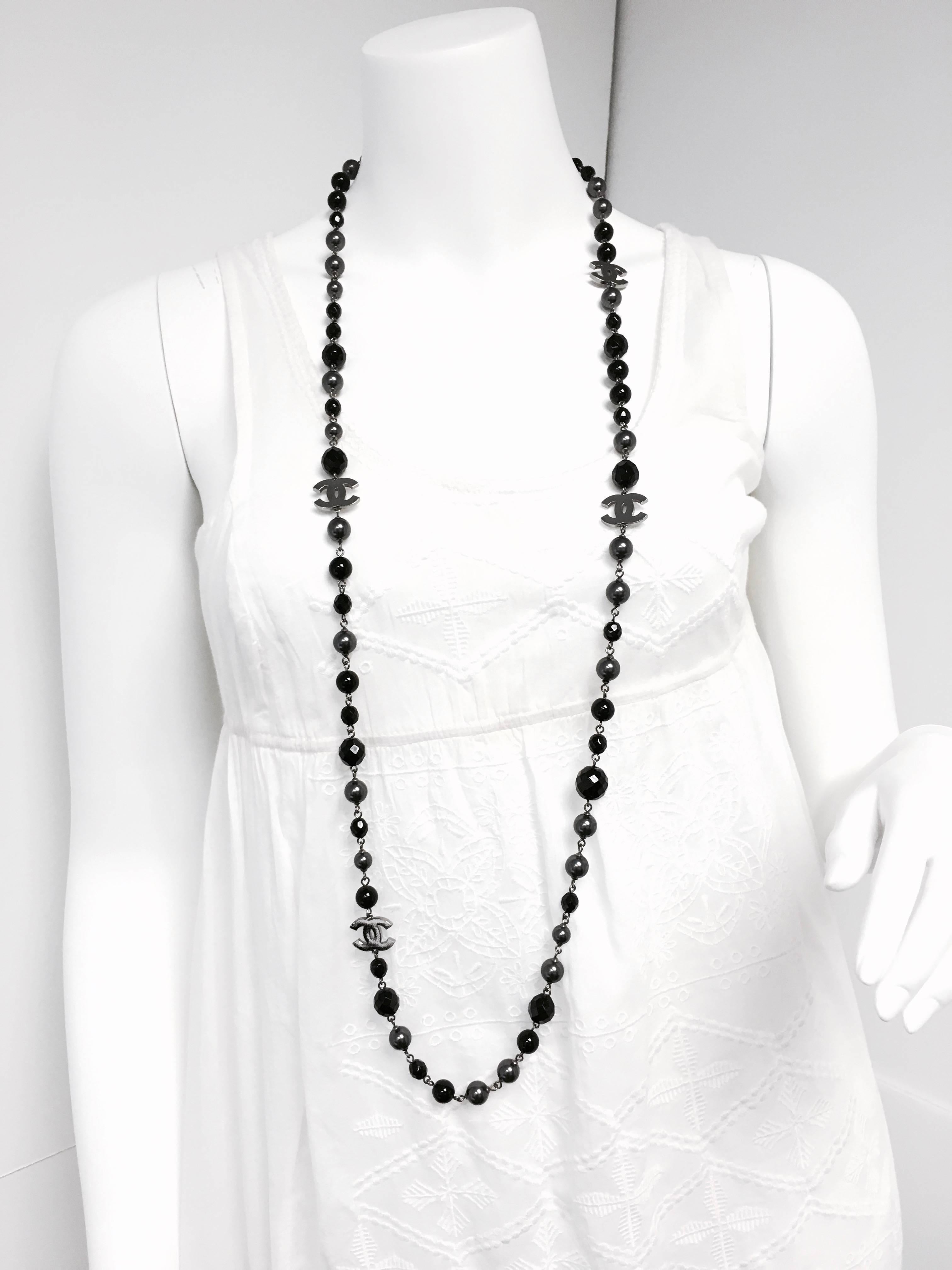 Women's Chanel CC Logo Black Grey Pearl Long Necklace