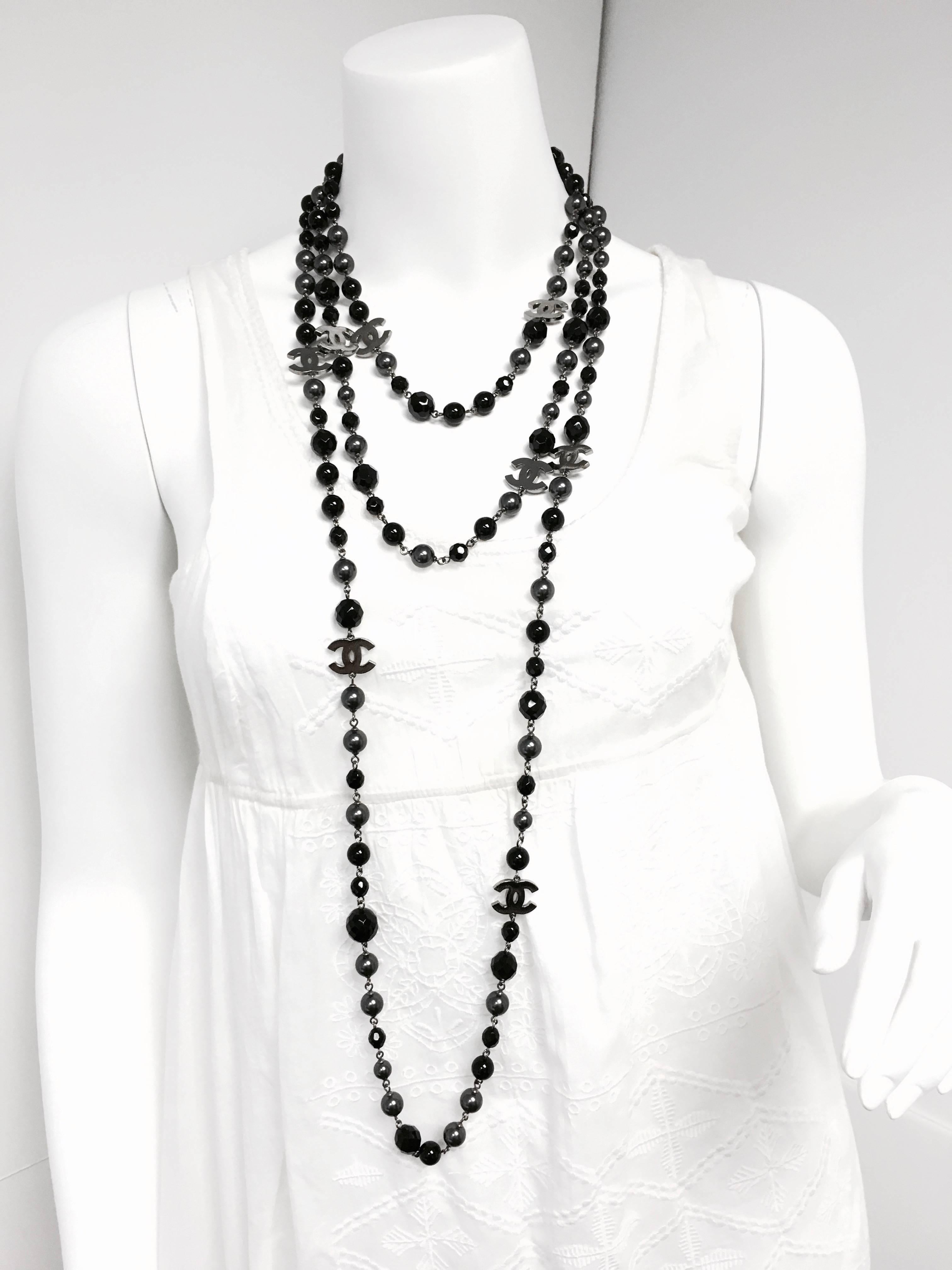 Chanel CC Logo Black Grey Pearl Long Necklace 1