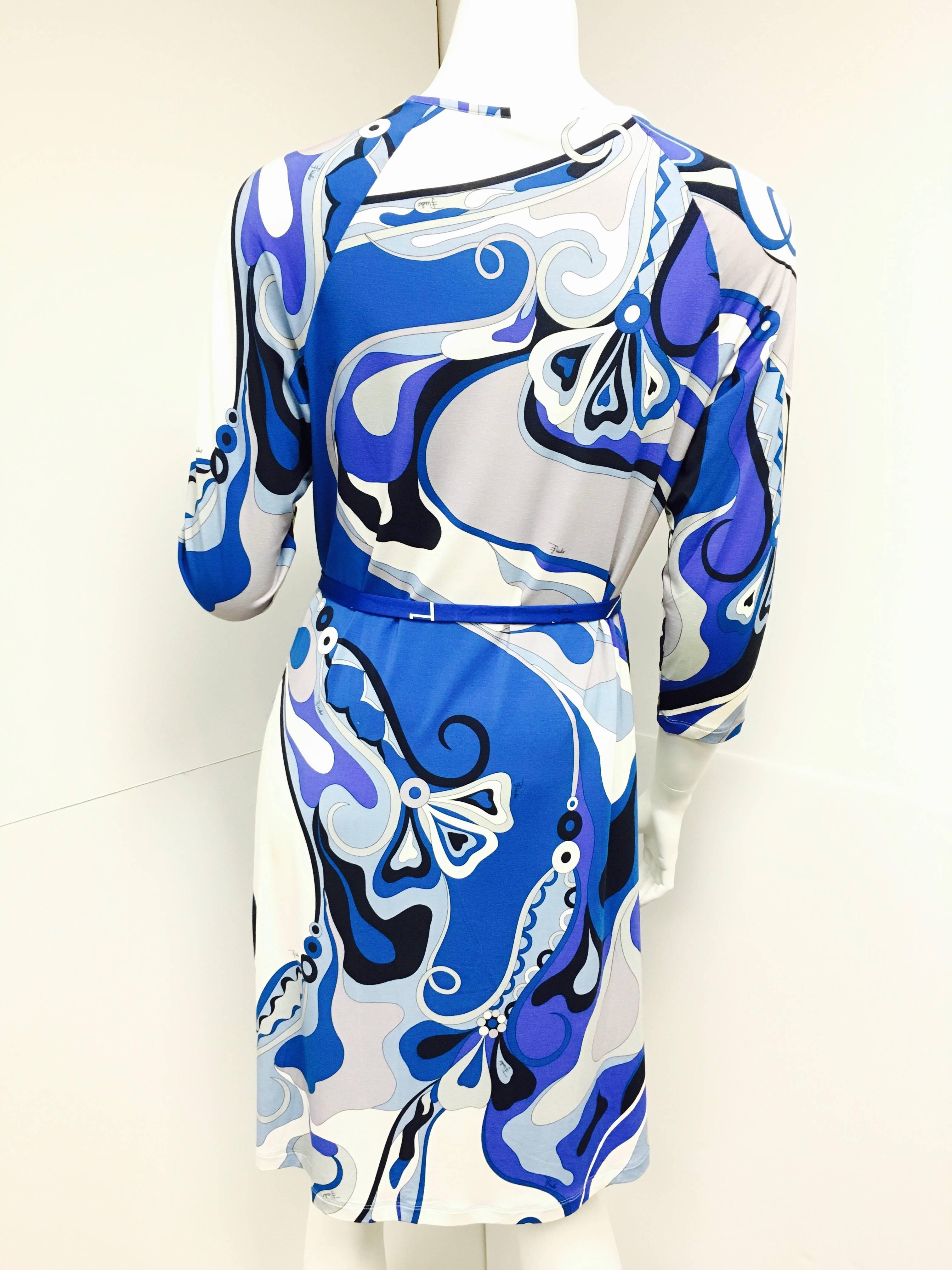 EMILIO PUCCI Italy Blue Print 3/4 Sleeve Bodycon Sheath Dress 46  In Excellent Condition In Westlake Village, CA