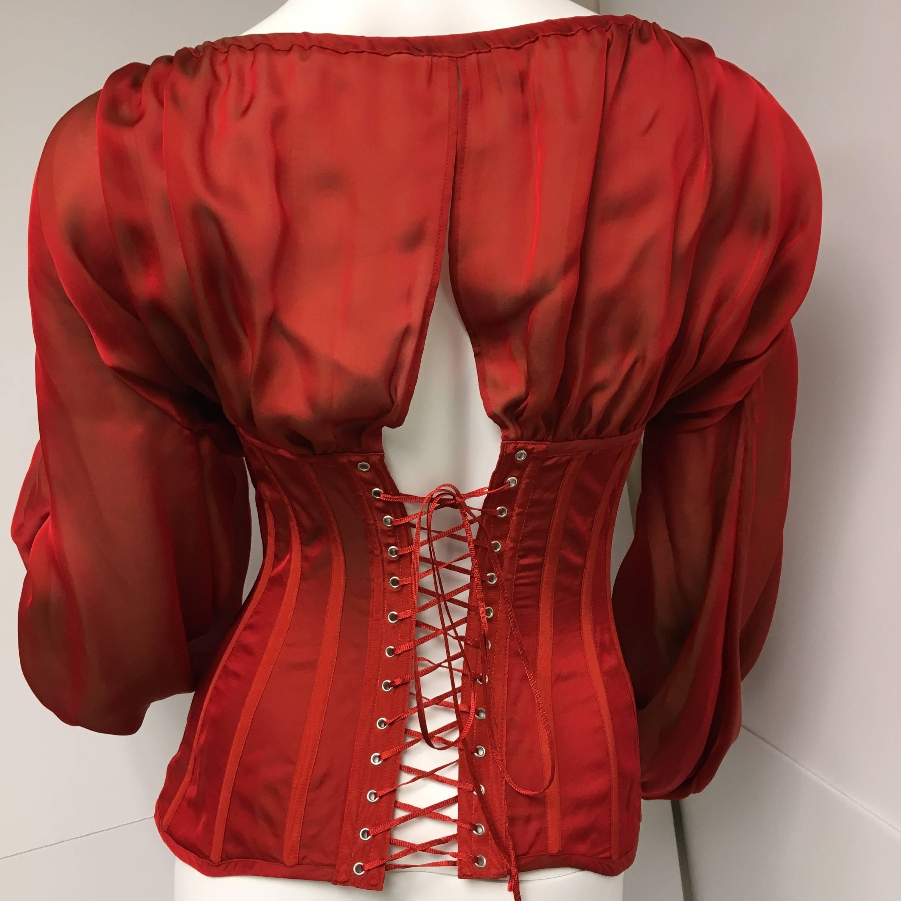 Gorgeous Jean Paul Gaultier Lace Up Corset Red Silk Blouse New For Sale 1