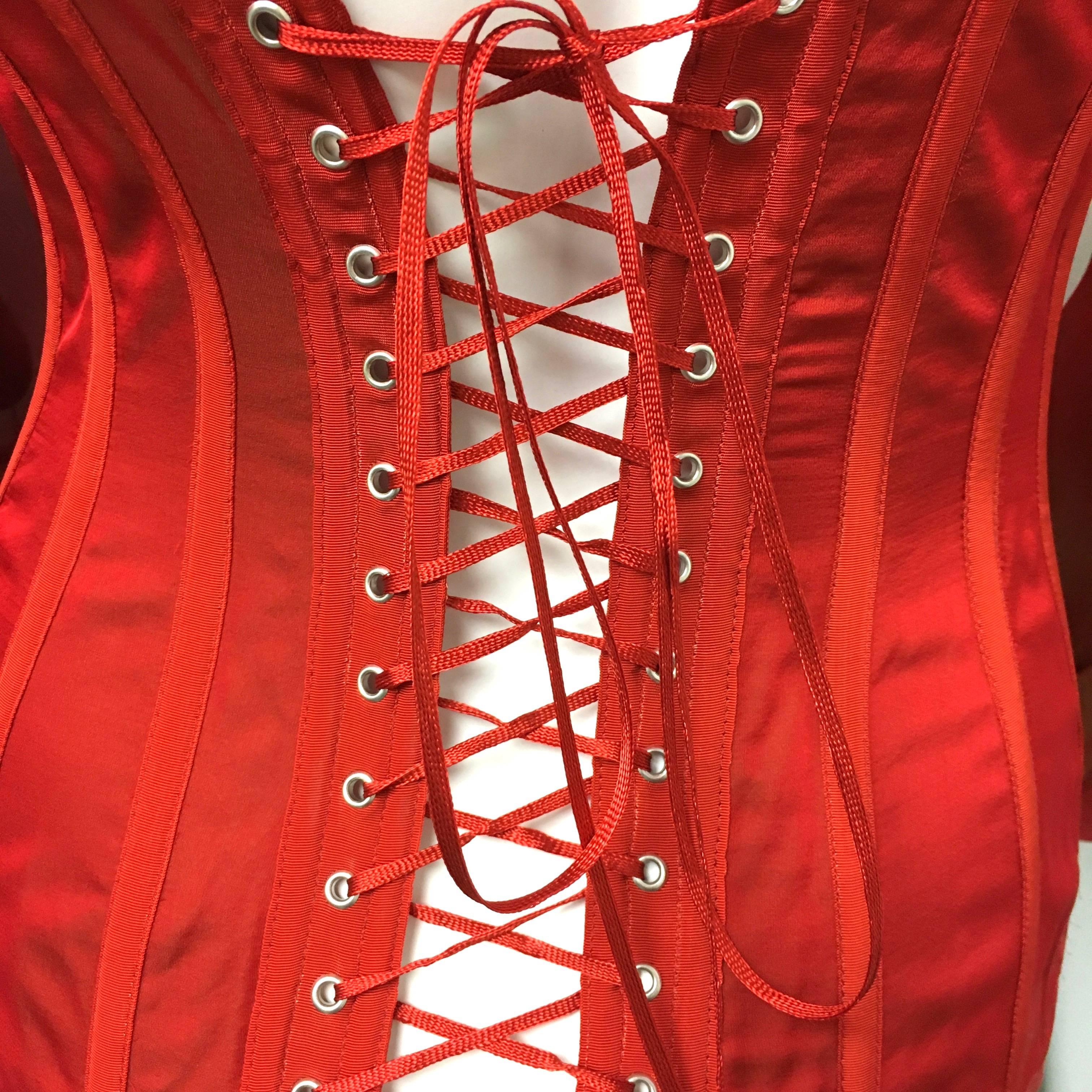 Gorgeous Jean Paul Gaultier Lace Up Corset Red Silk Blouse New For Sale 2