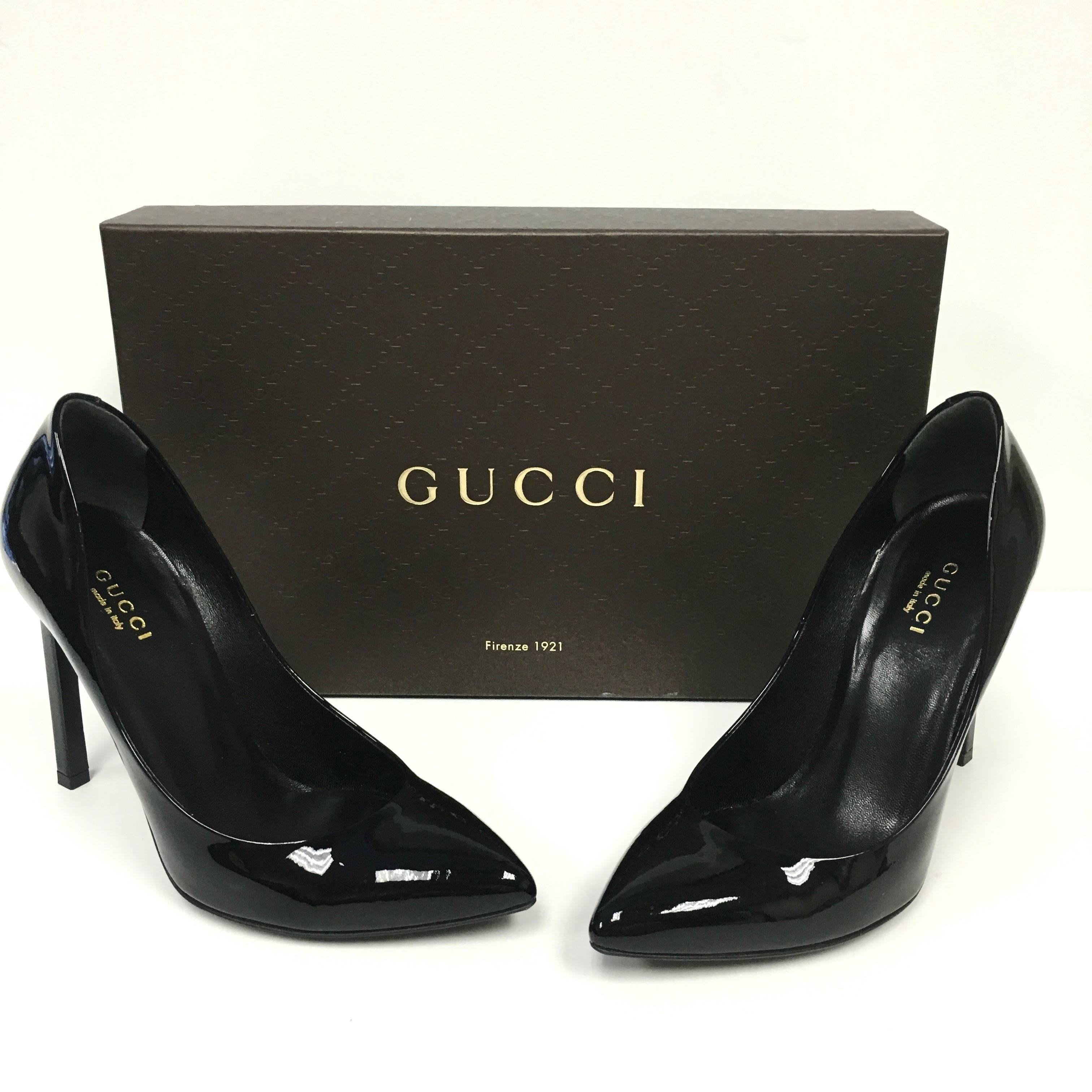 Unequivocally sexy, this powerful statement shoe is one of the season's must haves. Make a lasting impression and pair with a body-con black dress, a sharp tailored suit or jeans and an ethereal blouse. Slip on. 
Black patent leather with black