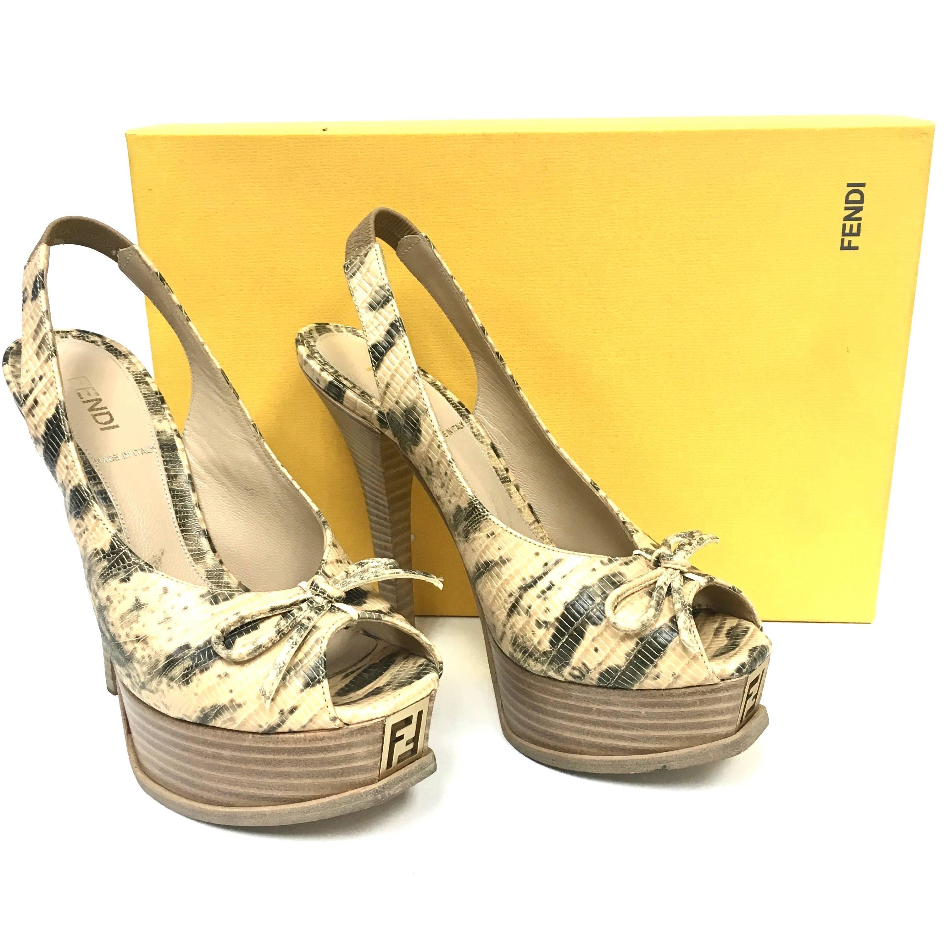 FENDI Fendista Natural Platform Slingback Pump Open-Toe Shoes 35 In Excellent Condition In Westlake Village, CA