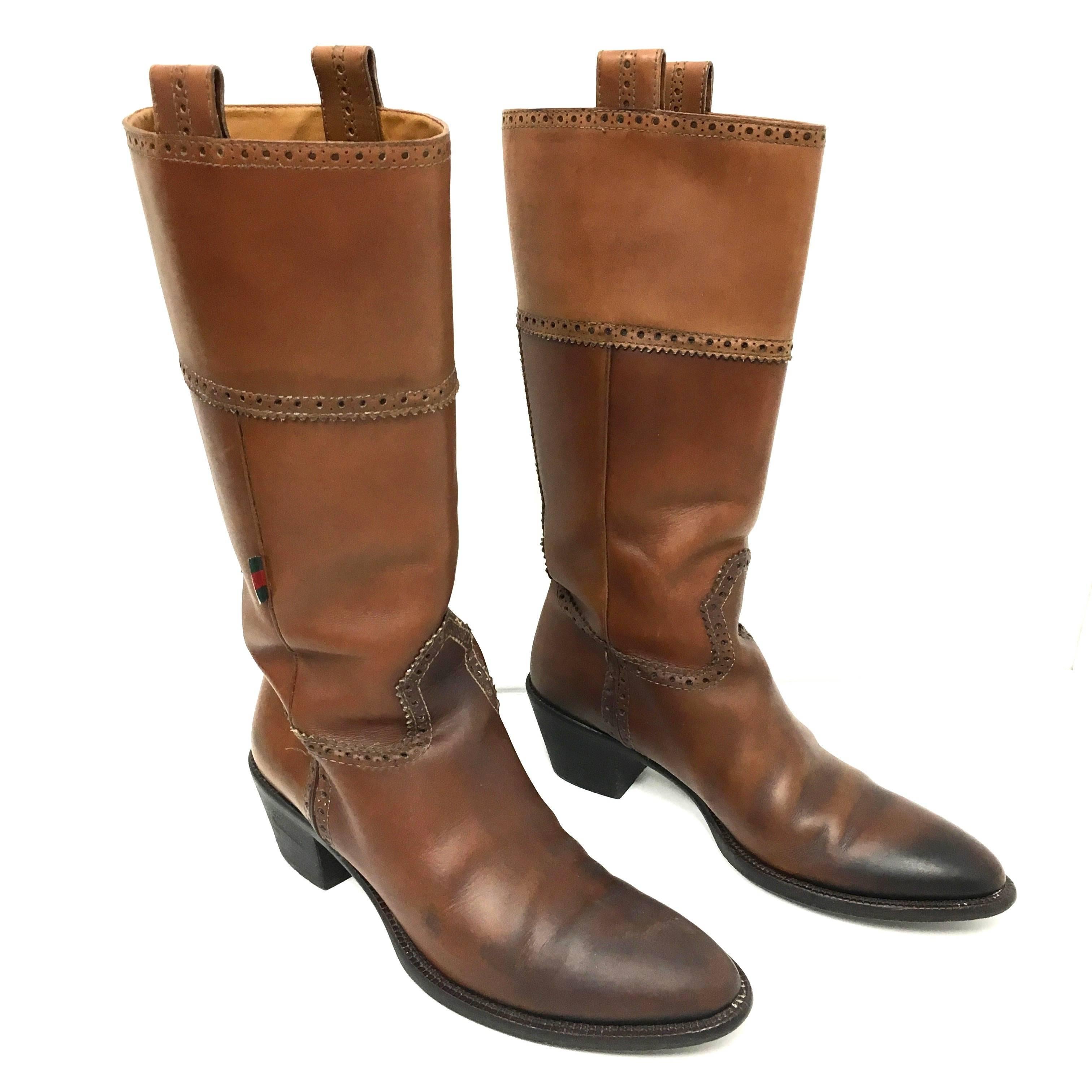 GUCCI Brown Leather Cowboy Style Boots Size 8 In Good Condition In Westlake Village, CA