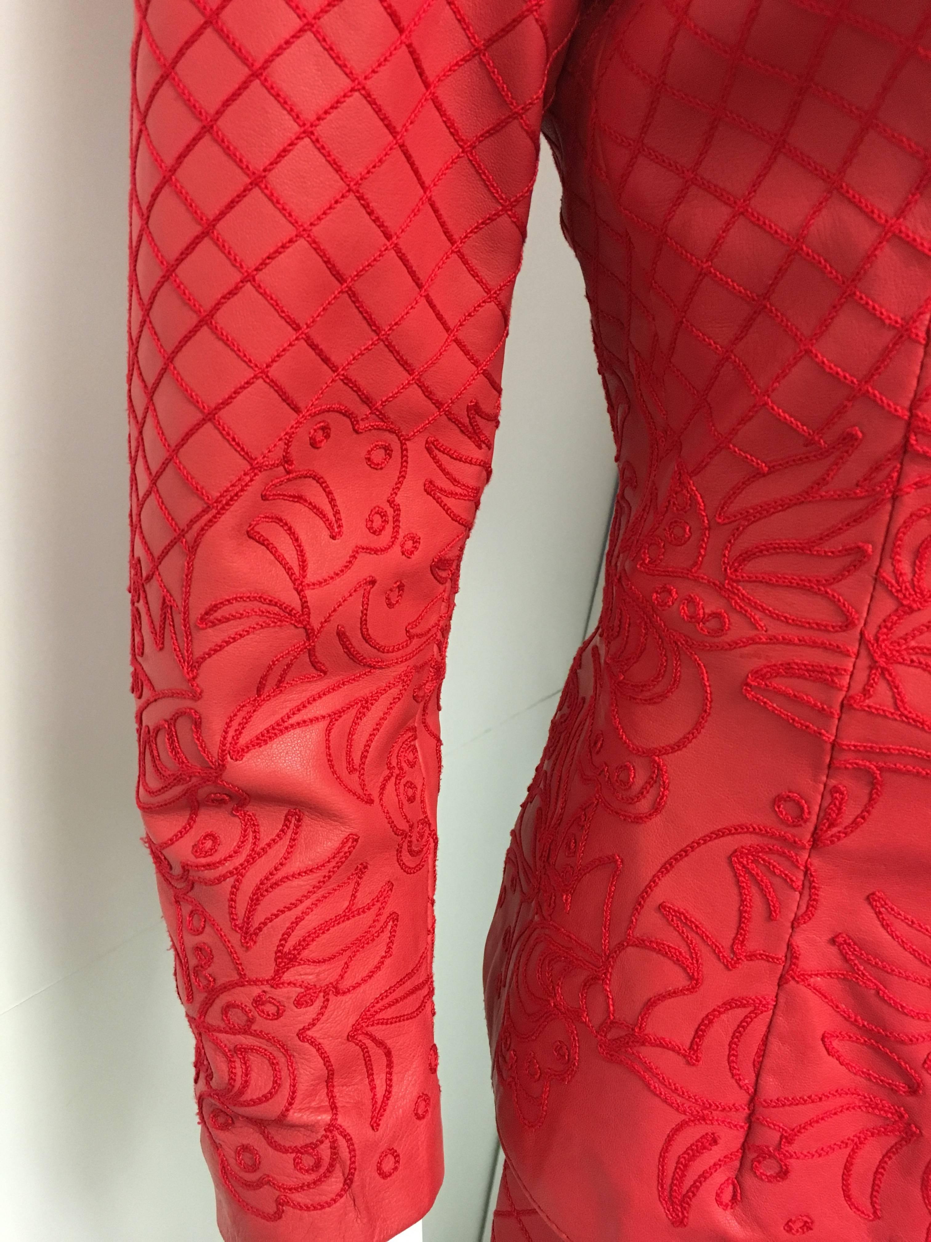 Important Gianni Versace Vintage Red Embroidered Leather Suit In Excellent Condition For Sale In Westlake Village, CA