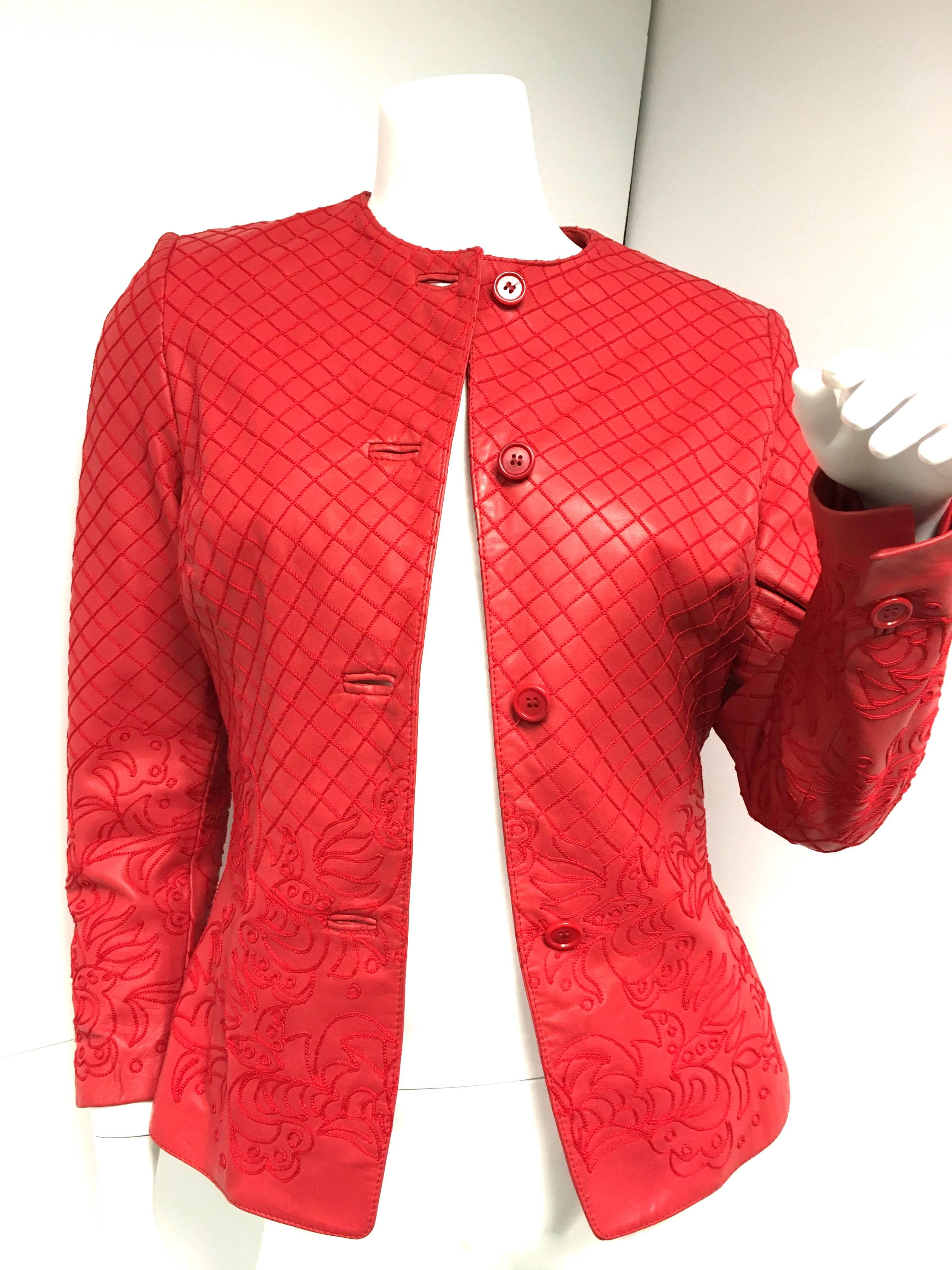 Important Gianni Versace Vintage Red Embroidered Leather Suit For Sale 1