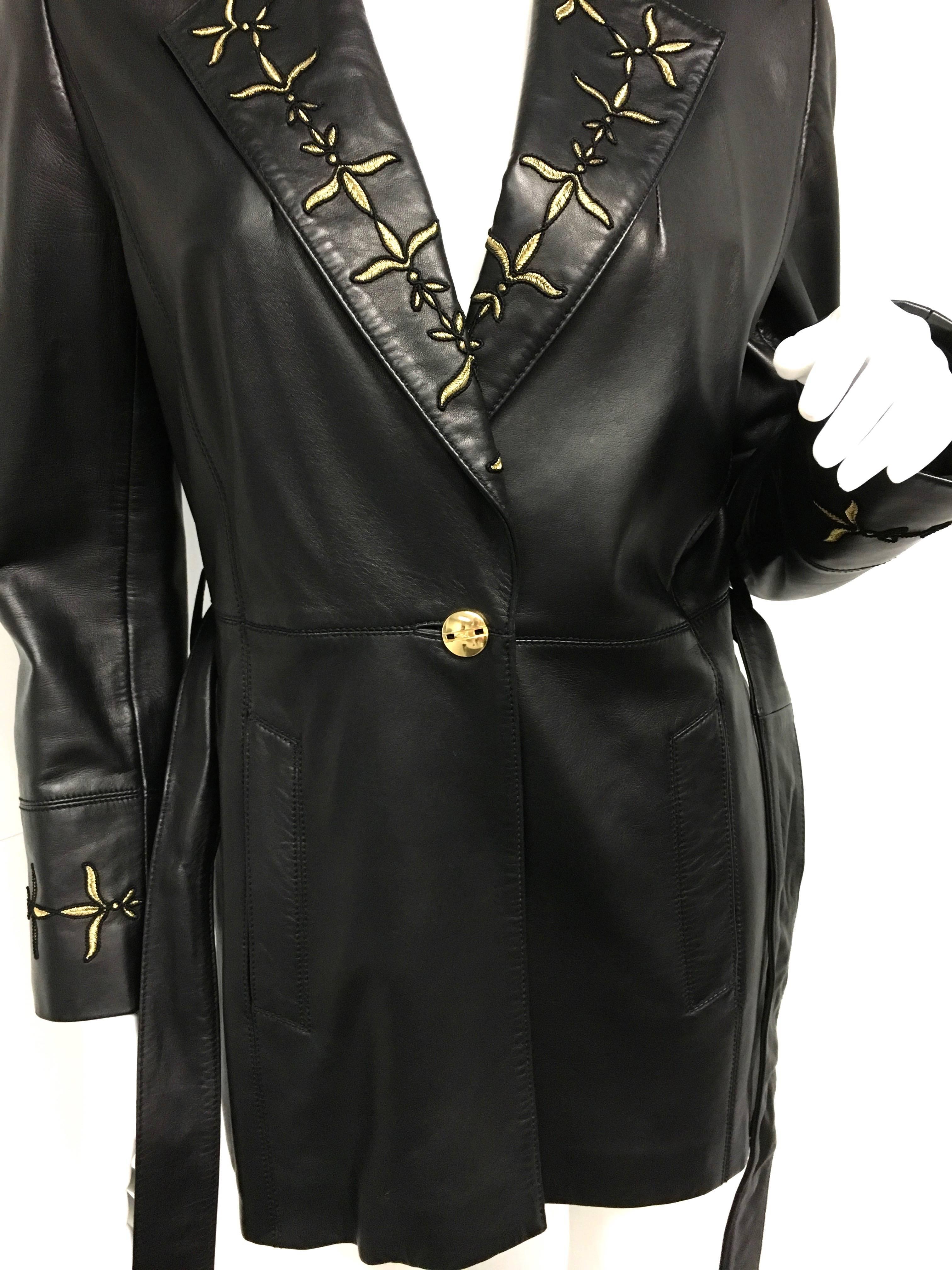 Escada Black Gold Embroidered Leather Belted Jacket New In New Condition In Westlake Village, CA