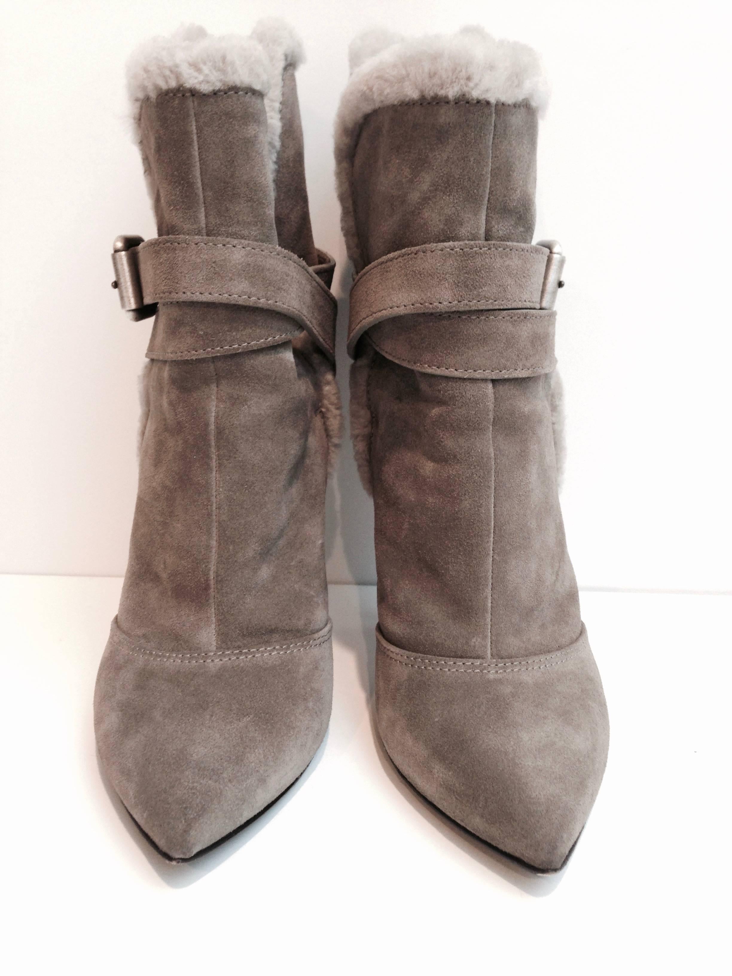 Women's GIUSEPPE ZANOTTI Gray Suede Shearling Ankle Stiletto Boots 38