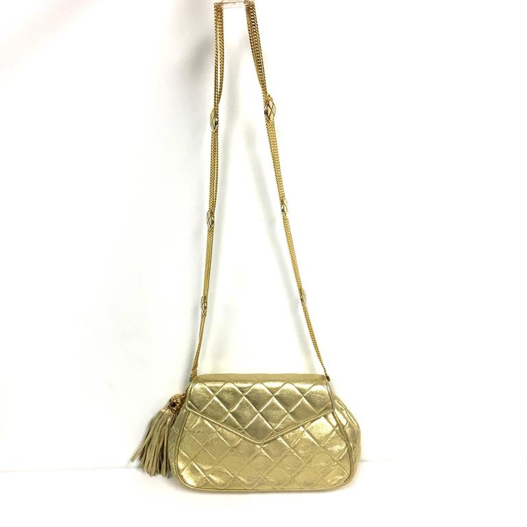 Chanel Rare Vintage Gold Quilted Leather Jewelry Style Multi Chain Tassel Bag at 1stdibs
