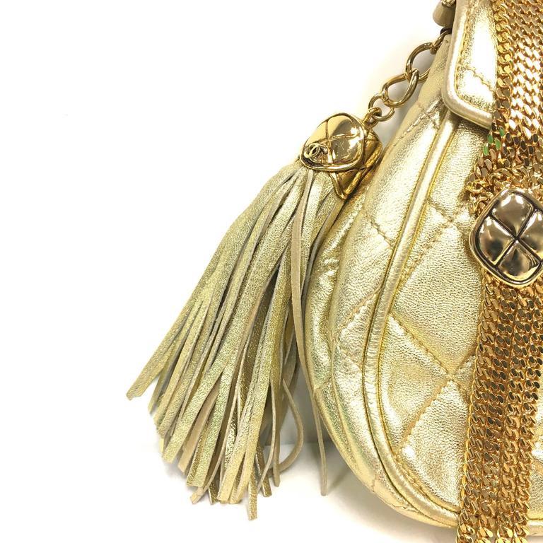 Chanel Rare Vintage Gold Quilted Leather Jewelry Style Multi Chain Tassel Bag at 1stdibs