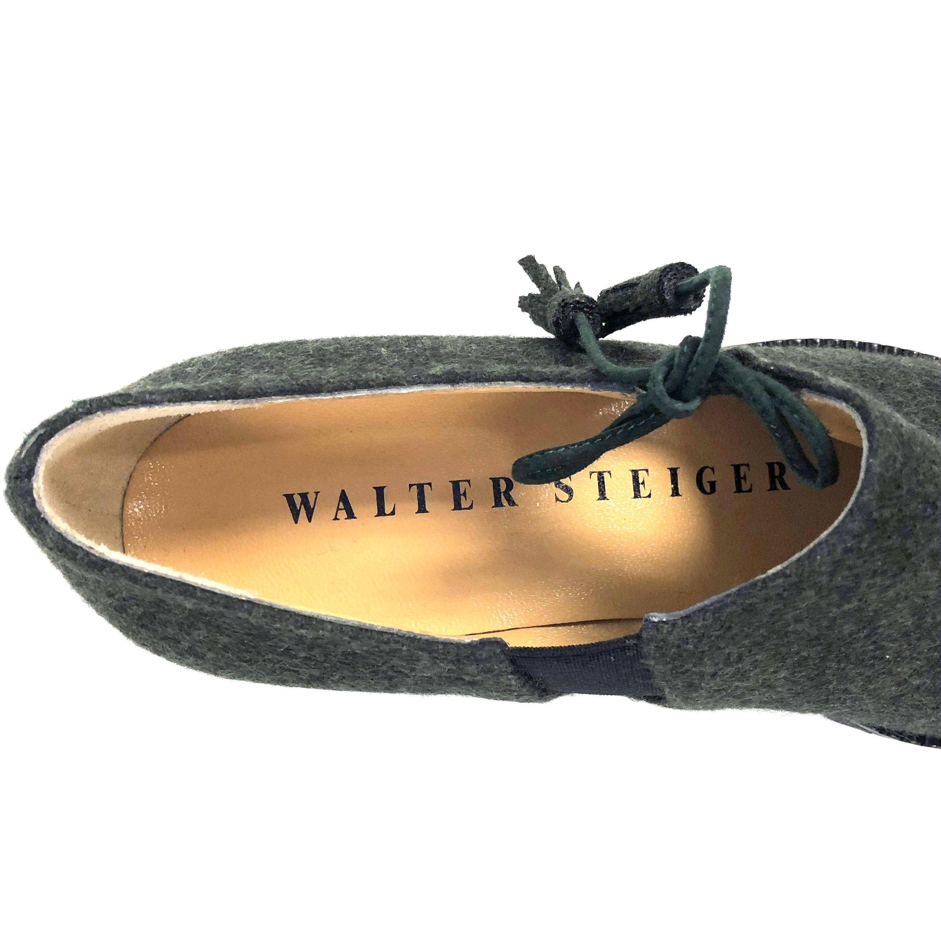 Walter Steiger hunter green wool and leather loafer with 1.5 inch low platfrom style heel and Ilga sole. 
Size 37 EU / US 7
Condition: New in box. 