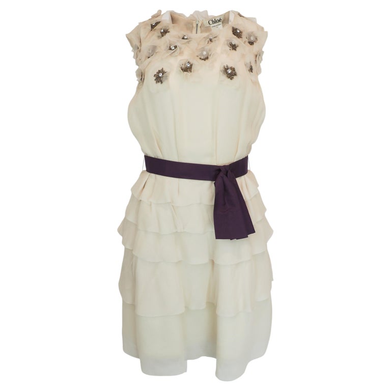 Chloe 2006 Silk Ruffled Dress with Floral Ornamentation For Sale at 1stDibs
