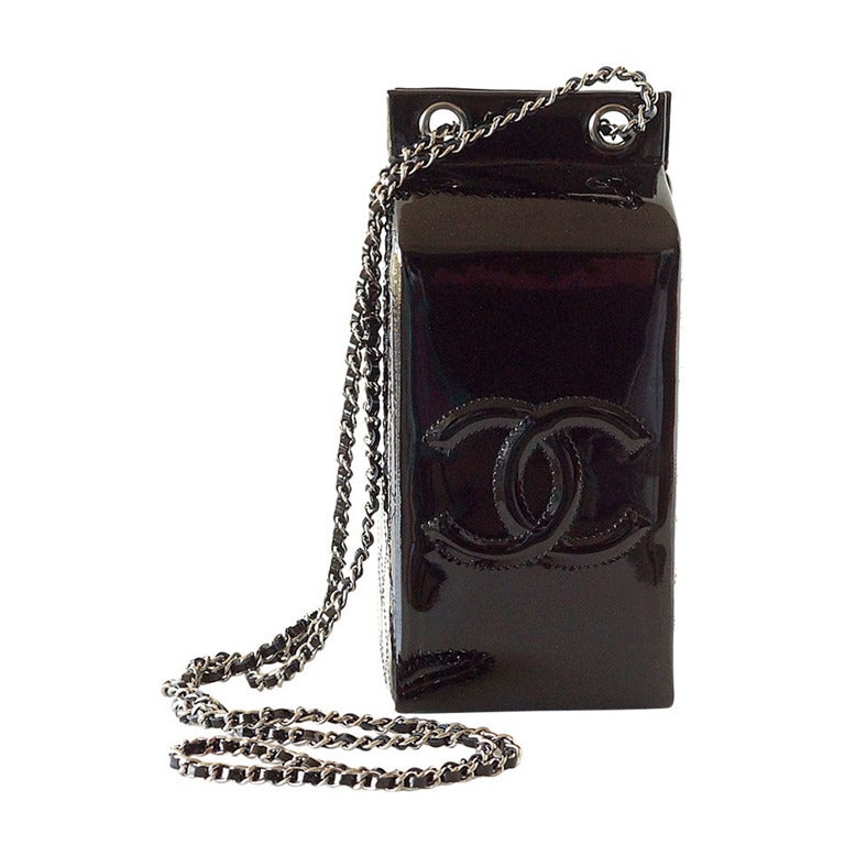 Limited Edition Black Patent Leather CHANEL Milk Carton Bottle Cross Body Bag For Sale