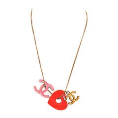 Vintage CHANEL Silver Toned Necklace - Red Heart, Pink &Yellow CC Logos - 1980's