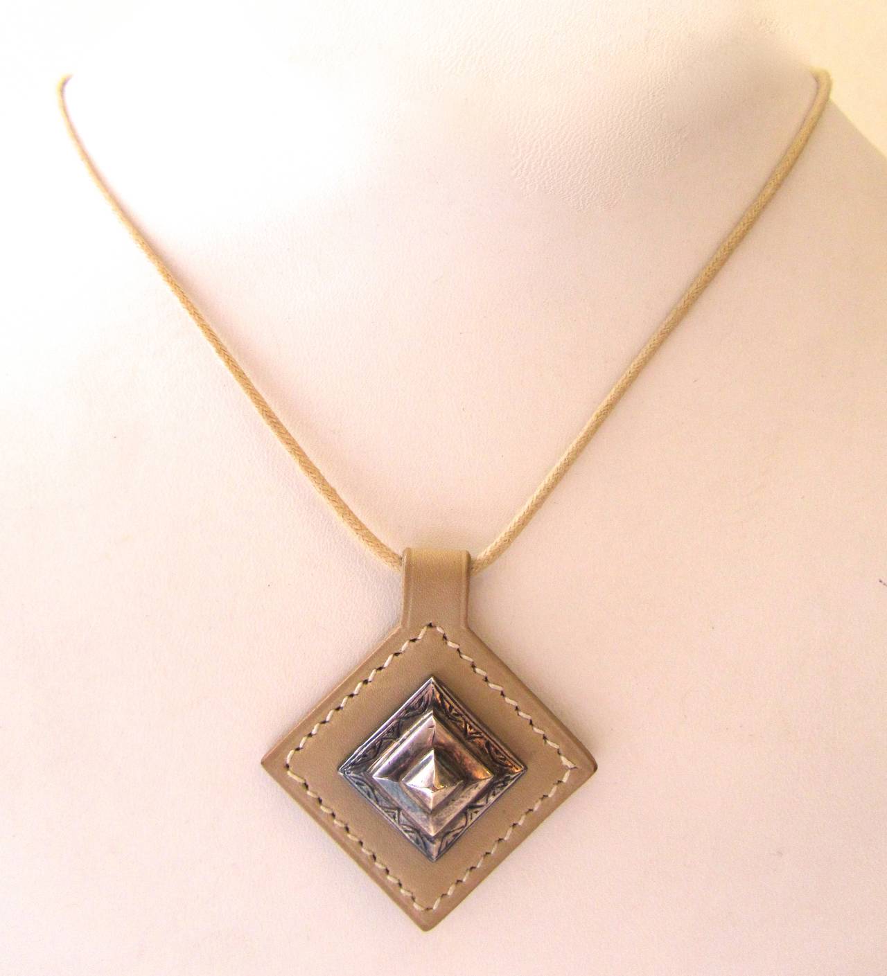 Women's Vintage HERMES Necklace - Touareg Design - Sterling Silver and Beige Taupe For Sale