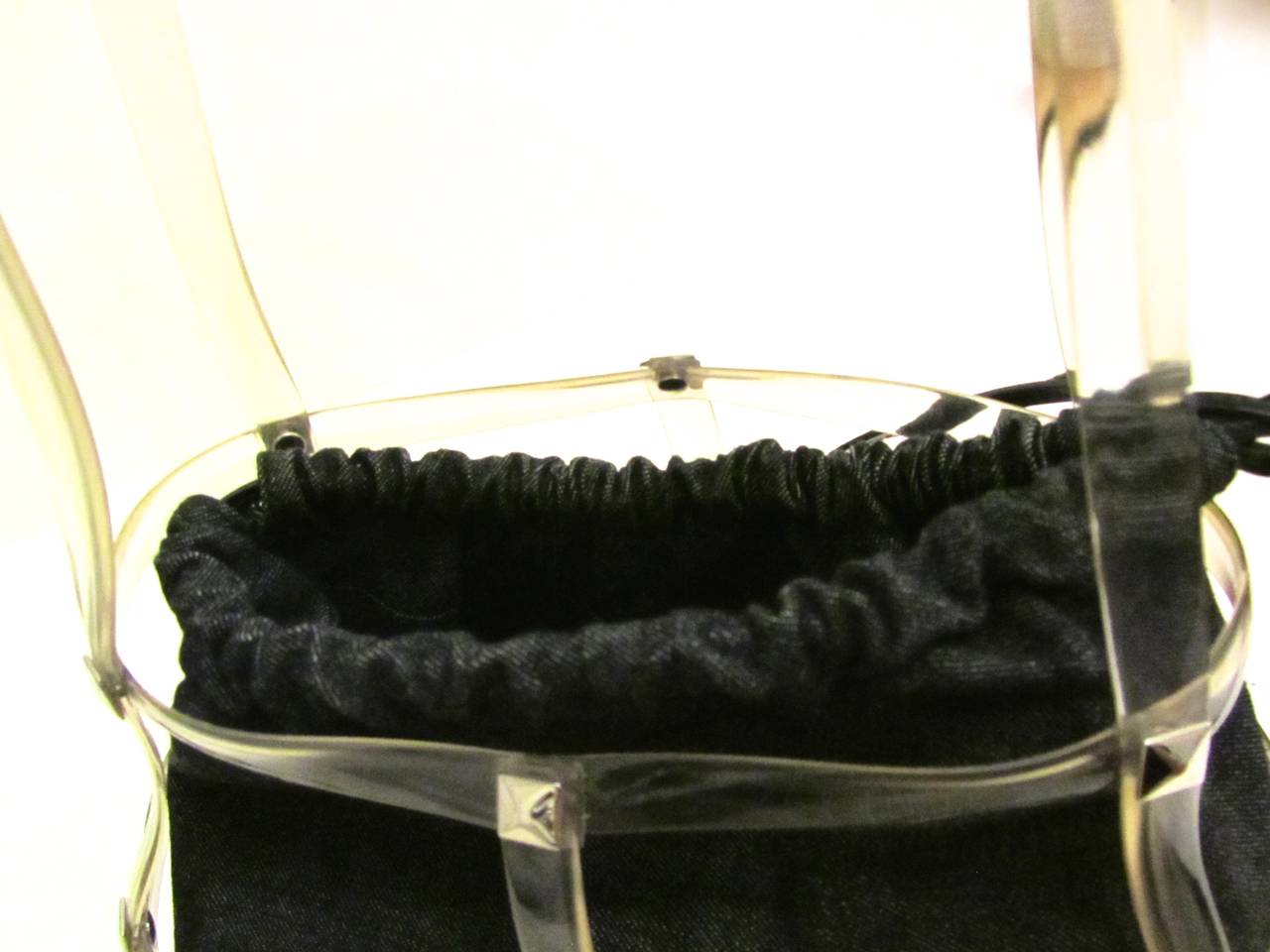 1980s Paco Rabanne Denim and Clear Plastic Handbag - Drawstring Pouch In Excellent Condition For Sale In Boca Raton, FL