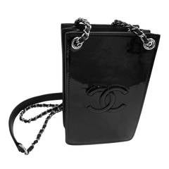 New CHANEL Black Patent Leather Cell Phone Holder / WOC Wallet On A Chain