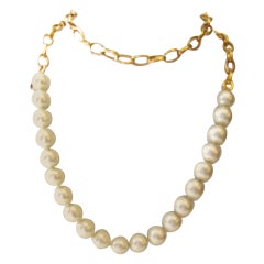 Vintage 1980's Chanel Necklace - Pearls with Gold Tone Oval Links
