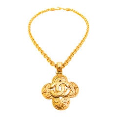 Chanel Necklace - Gold Tone Chain and Large Clover Charm with CC Logo