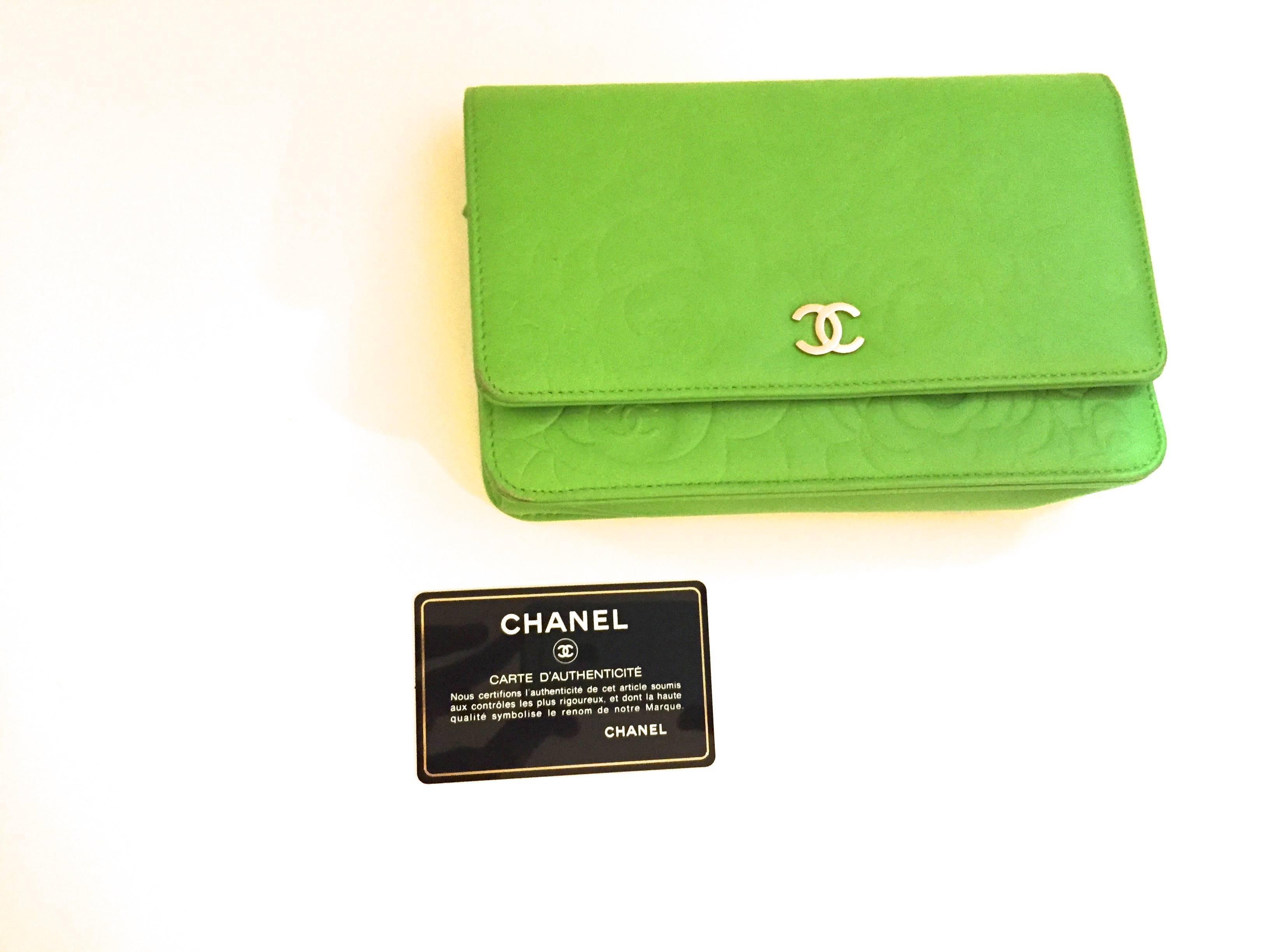 Women's New Chanel Wallet on a Chain - Lambskin - Green with Embossed Camellias