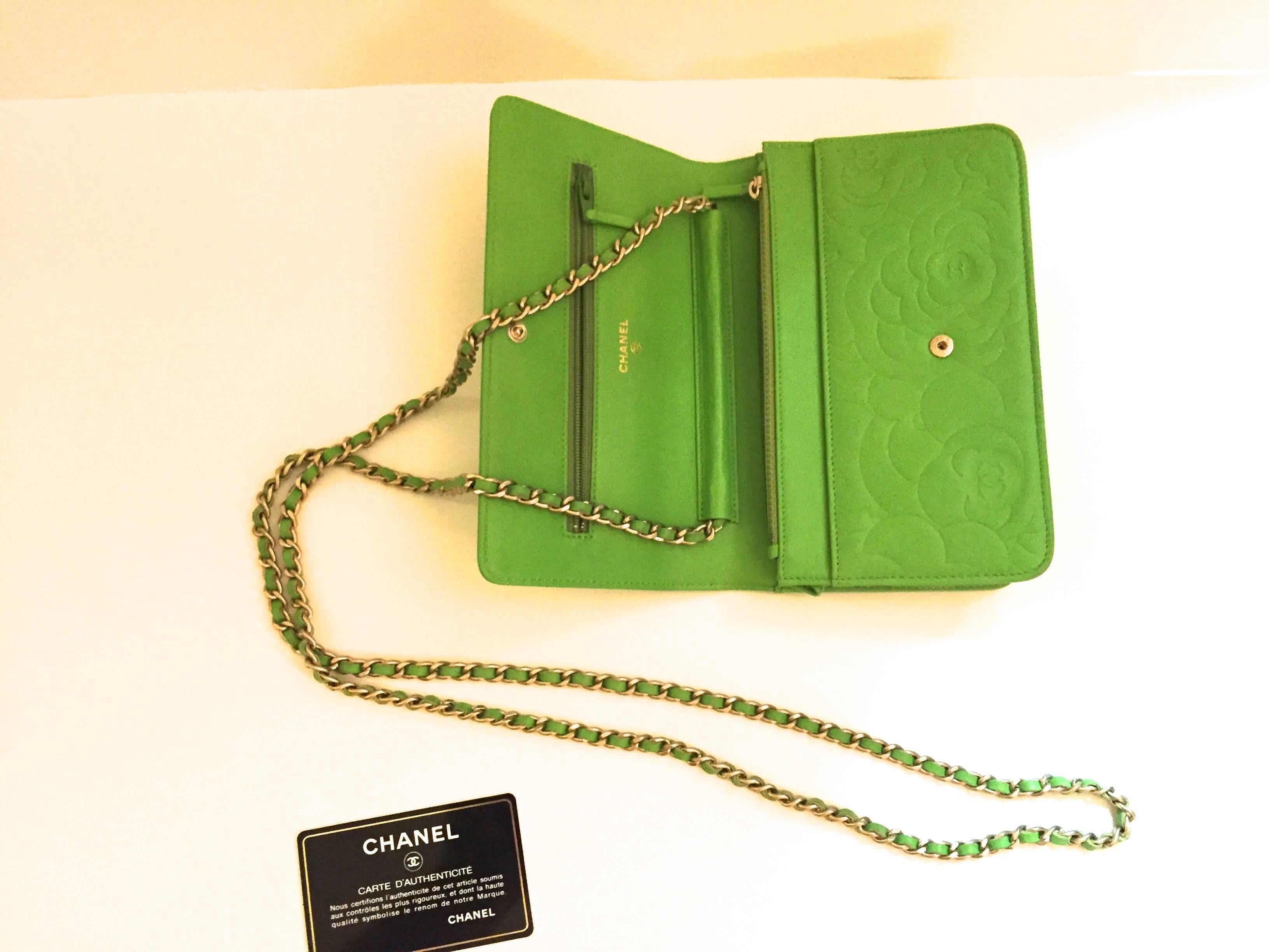 New Chanel Wallet on a Chain - Lambskin - Green with Embossed Camellias 4