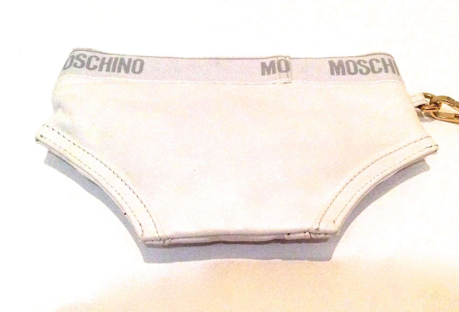 This Moschino Underwear bag is another magnificent work by the craftsmen at Moschino. It is a leather bag that is modeled to resemble a pair of white underwear brief shorts. This bag is sold out in most boutiques and is in extremely high