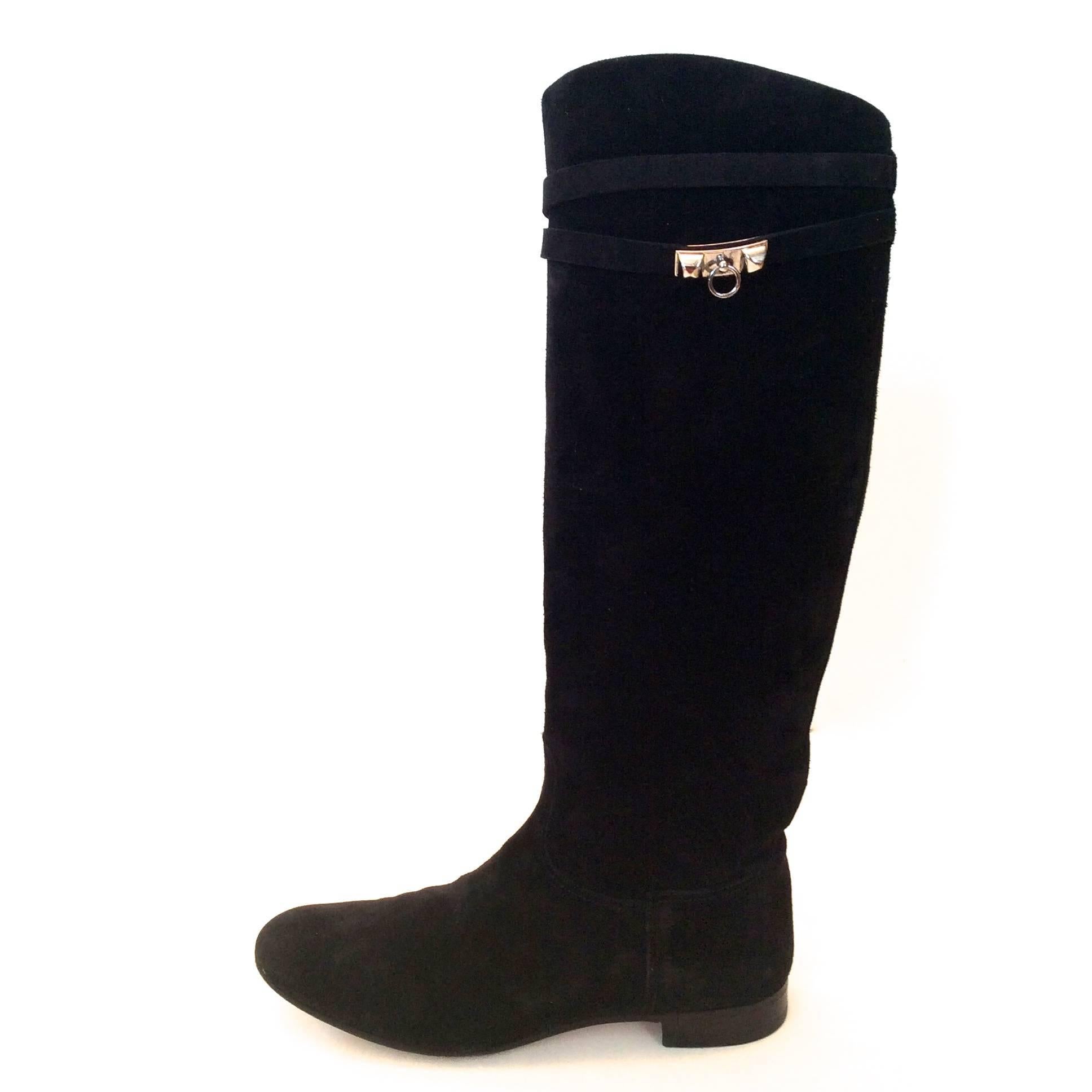 Women's Hermes Black Suede Riding Boots - Size 37.5 For Sale