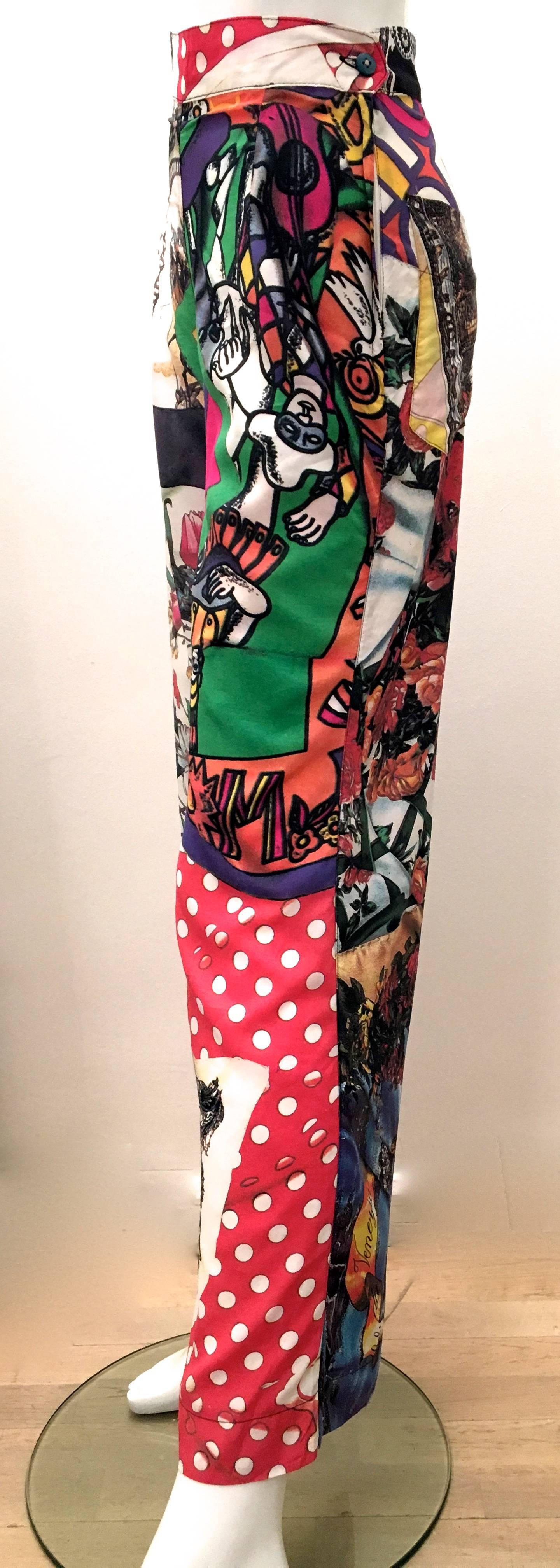 Presented here are a pair of Moschino Mod Pants from the early 1990’s. These pants lightheartedly reference various high end fashion labels in a fun and comical way. They definitely make a statement and are sure to be a conversation starter at your
