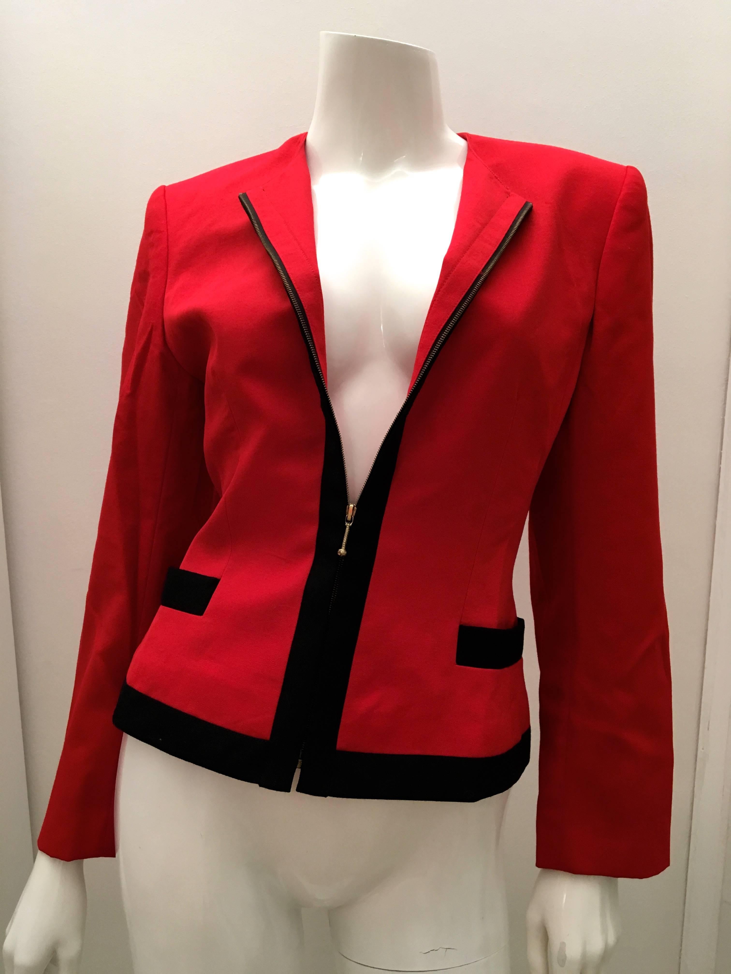 Lolita Lempicka Red Zip-Up Jacket with Black Trim In Excellent Condition For Sale In Boca Raton, FL