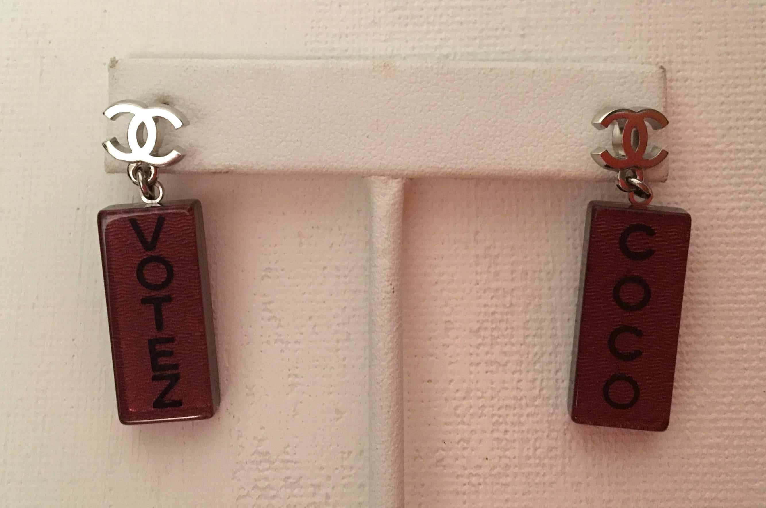 New Chanel Lucite Earrings - 'Votez Coco' - 2015 For Sale 1