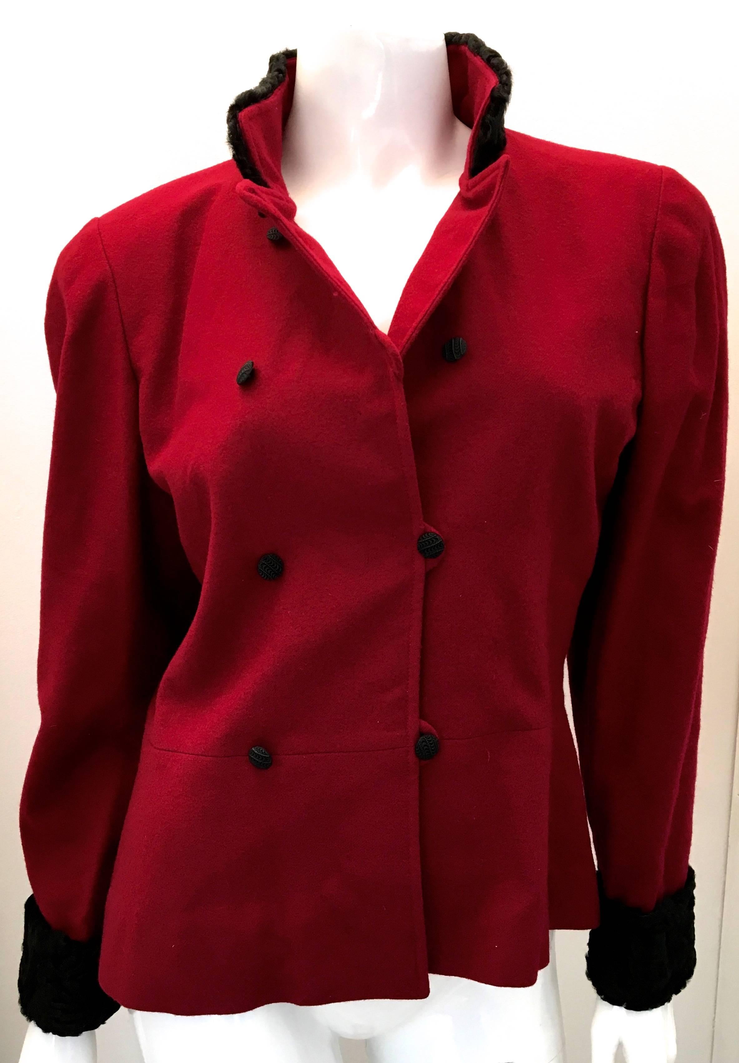 Vintage Burgundy Wool Jacket with Black Persian Lamb Cuffs and Collar In Good Condition For Sale In Boca Raton, FL