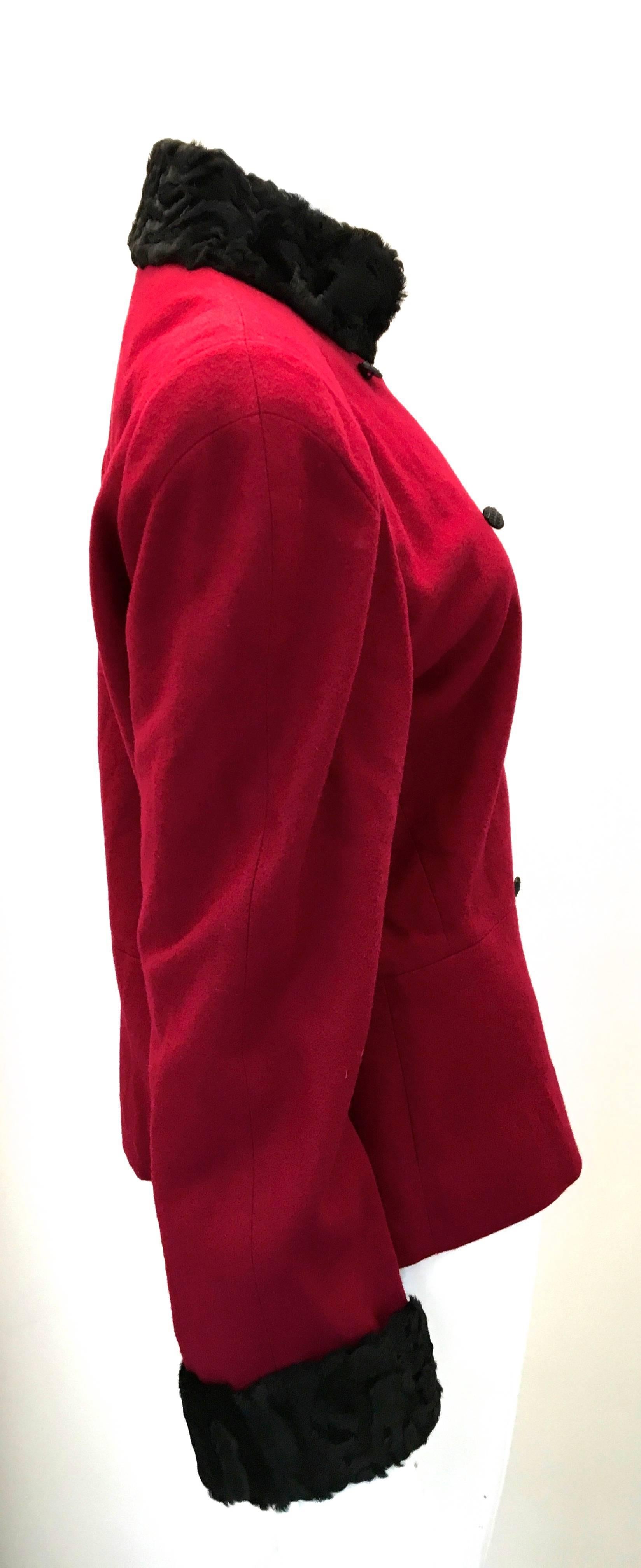 Red Vintage Burgundy Wool Jacket with Black Persian Lamb Cuffs and Collar For Sale