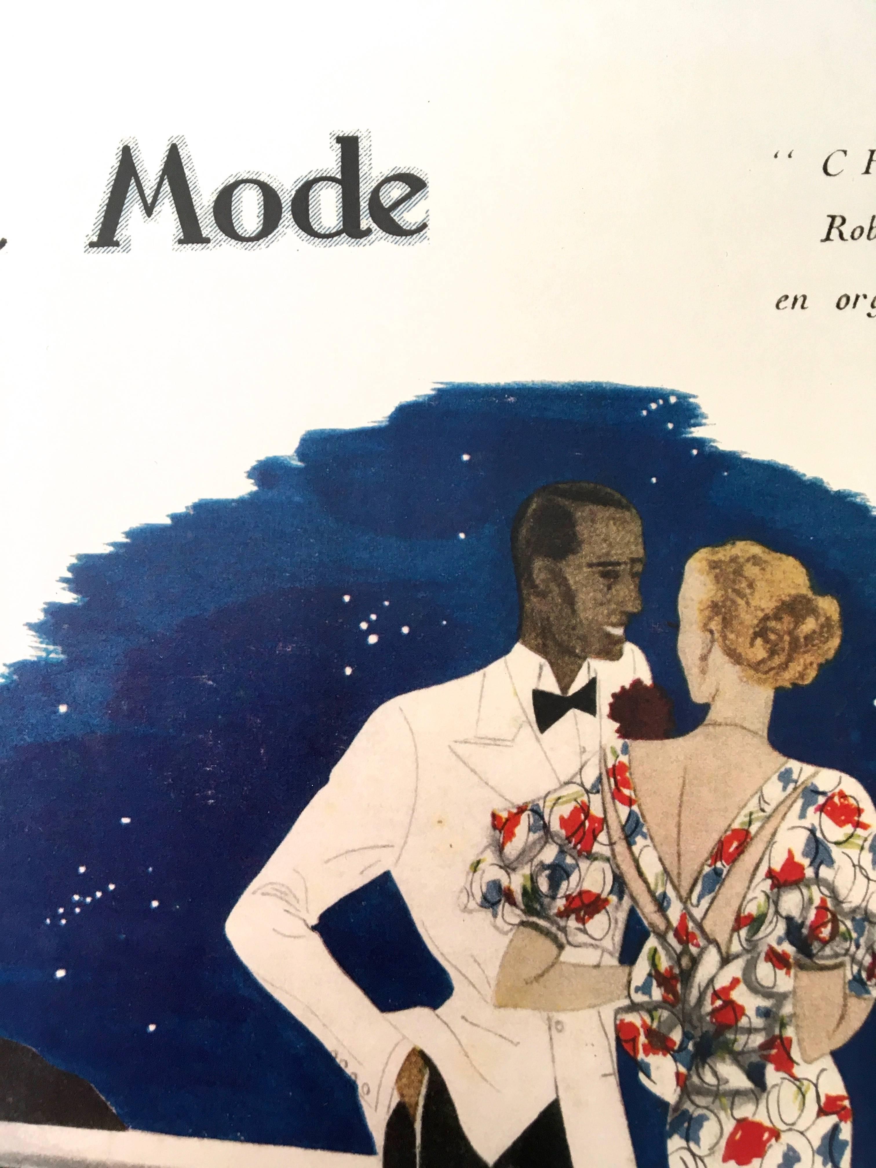This Chanel print advertisement is a limited release print after the original advertisement in the 1930's. The print features a couple overlooking a night sky. The women is dressed in a colorful flower evening gown. The gentleman is dressed in a