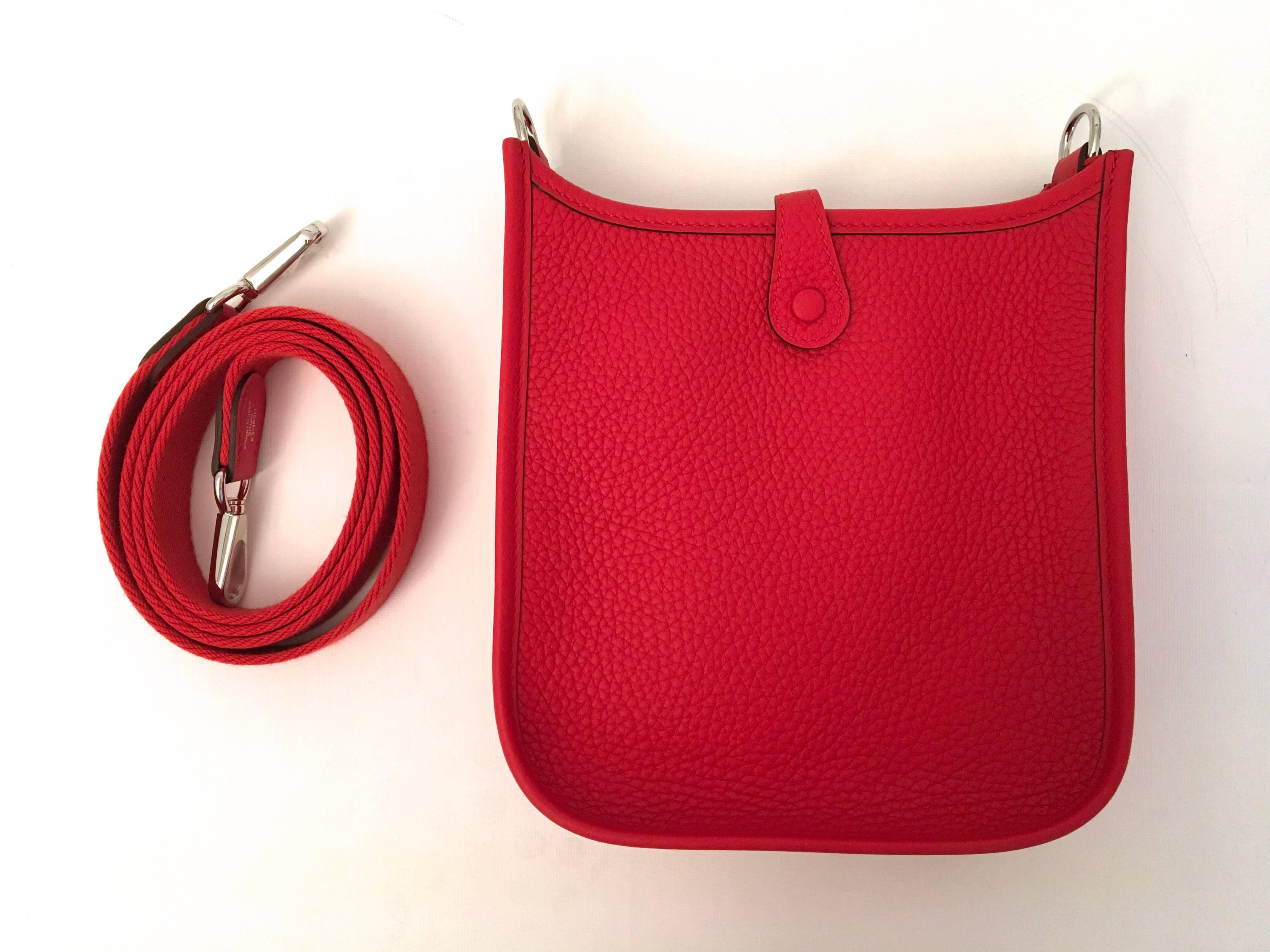 Women's New HERMES Mini Evelyne Red Tomato Crossbody Bag - Clemence Leather