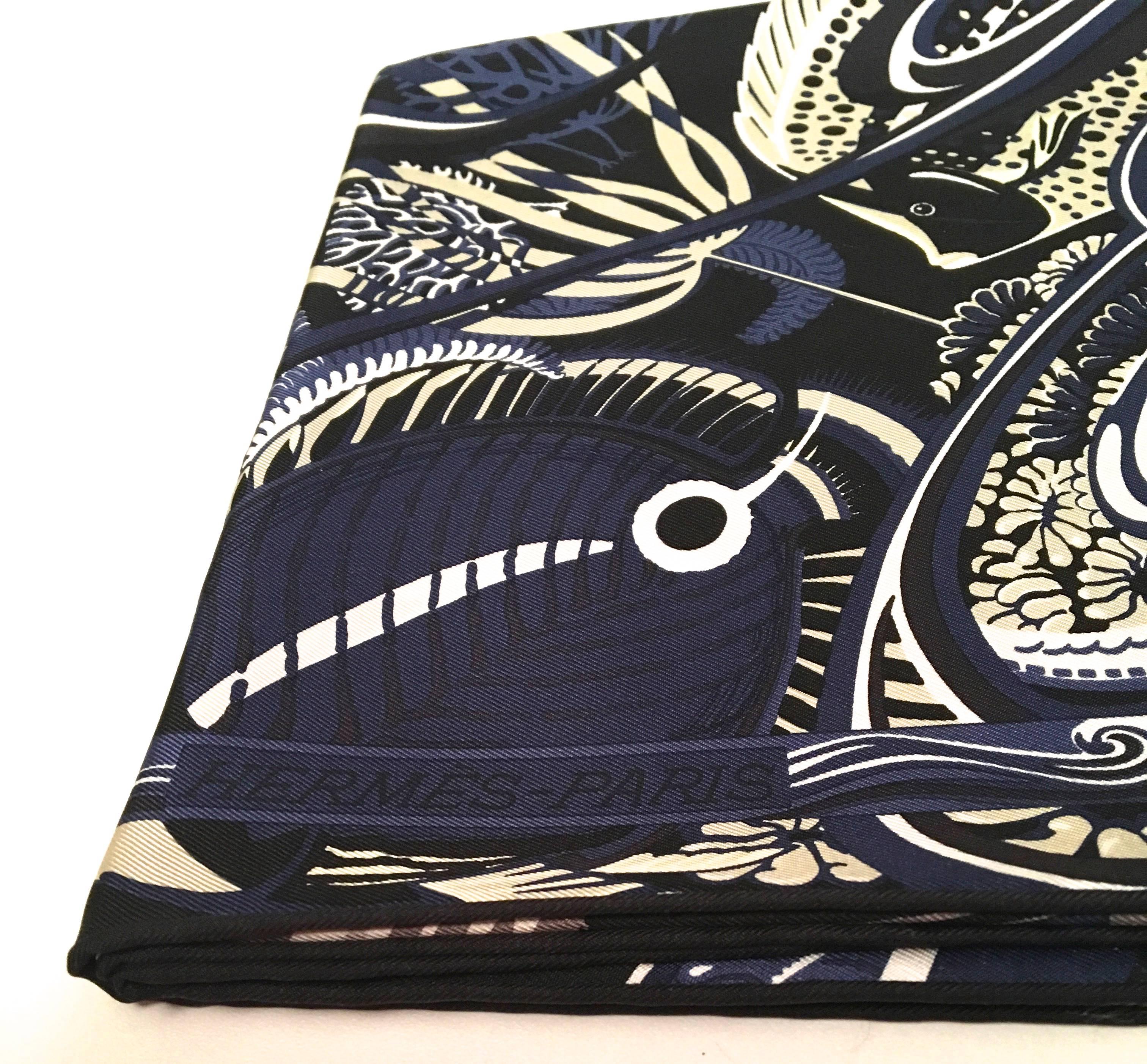 Black New Hermes Blue Fish Silk Scarf