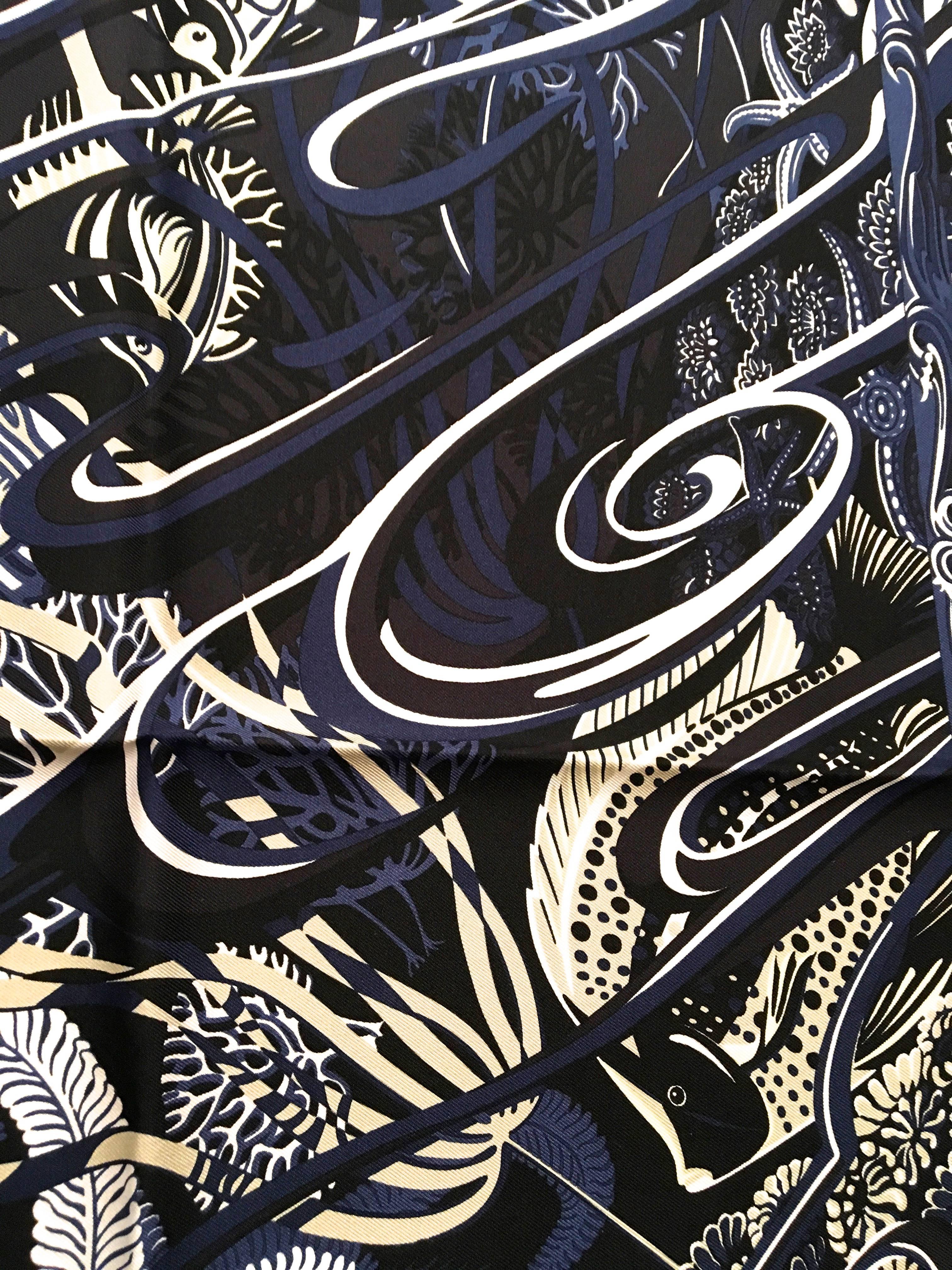 Women's New Hermes Blue Fish Silk Scarf
