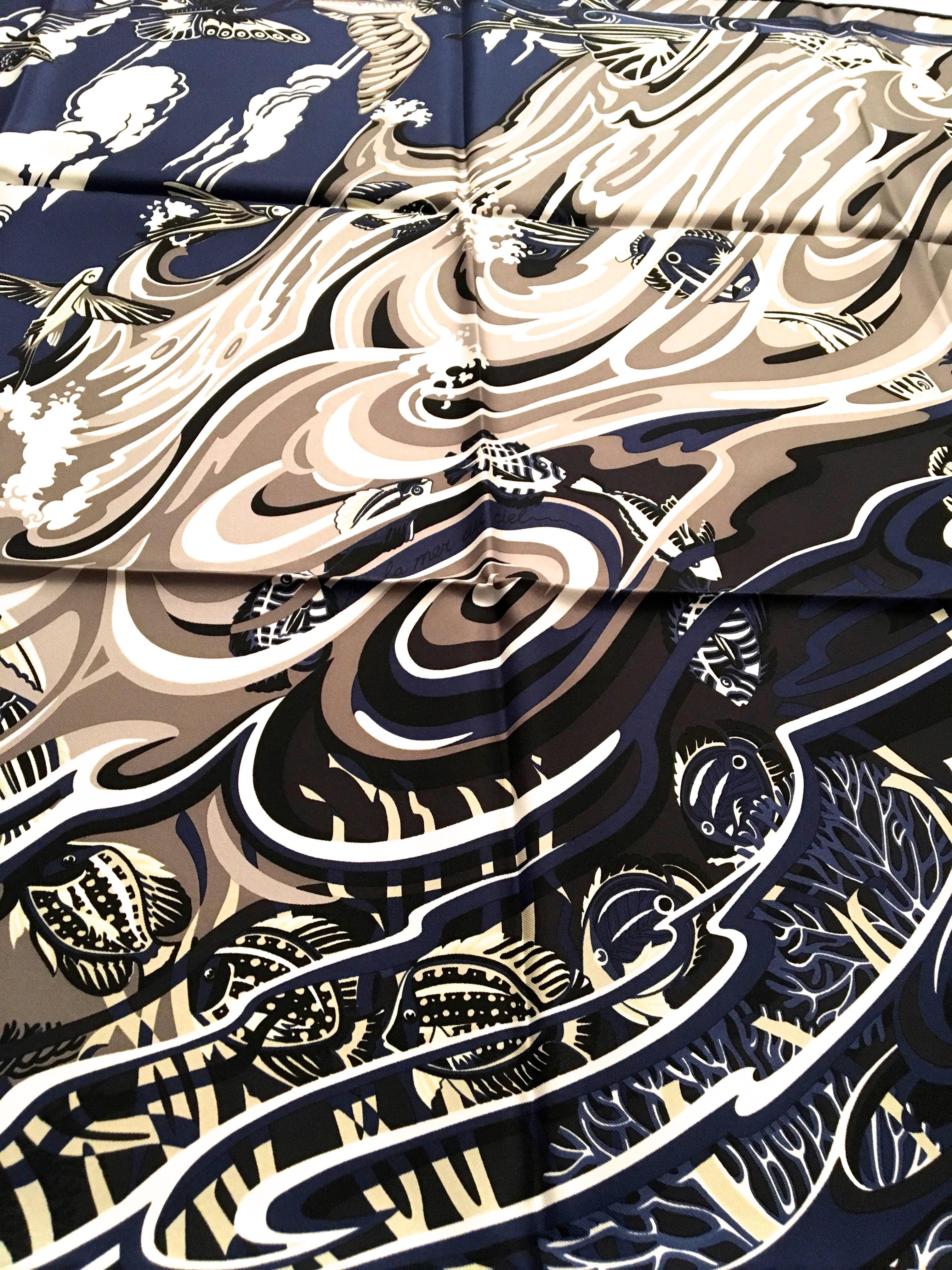 New Hermes Blue Fish Silk Scarf 3