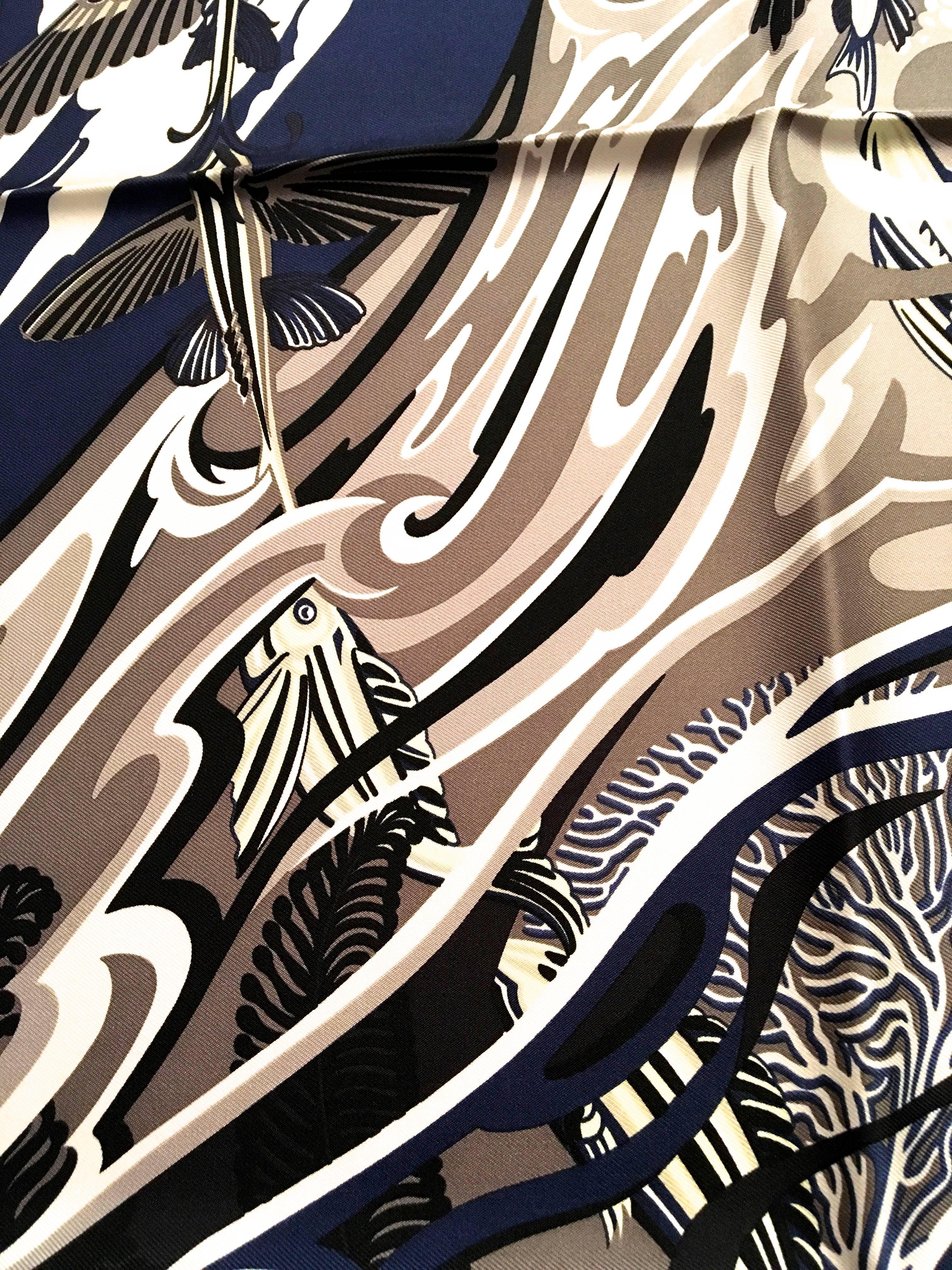 New Hermes Blue Fish Silk Scarf 4