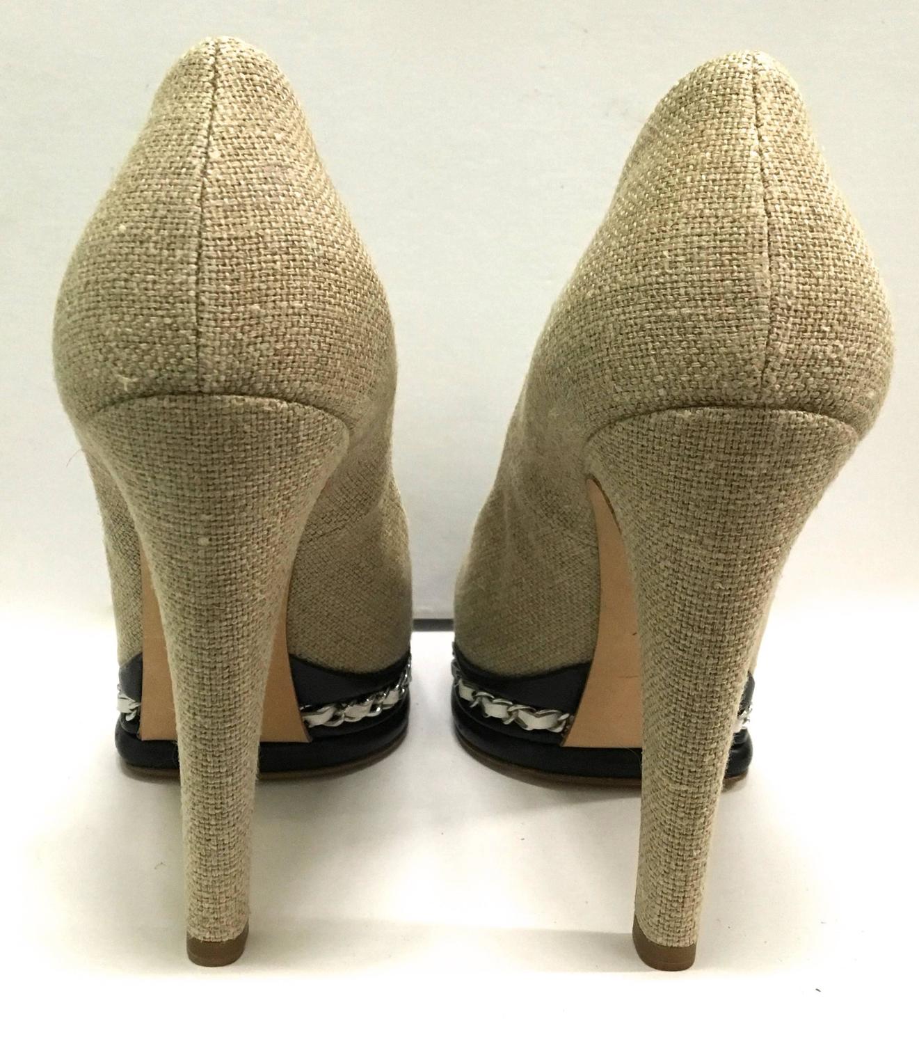 Chanel High Heels - Canvas w/ Leather Toes For Sale at 1stdibs