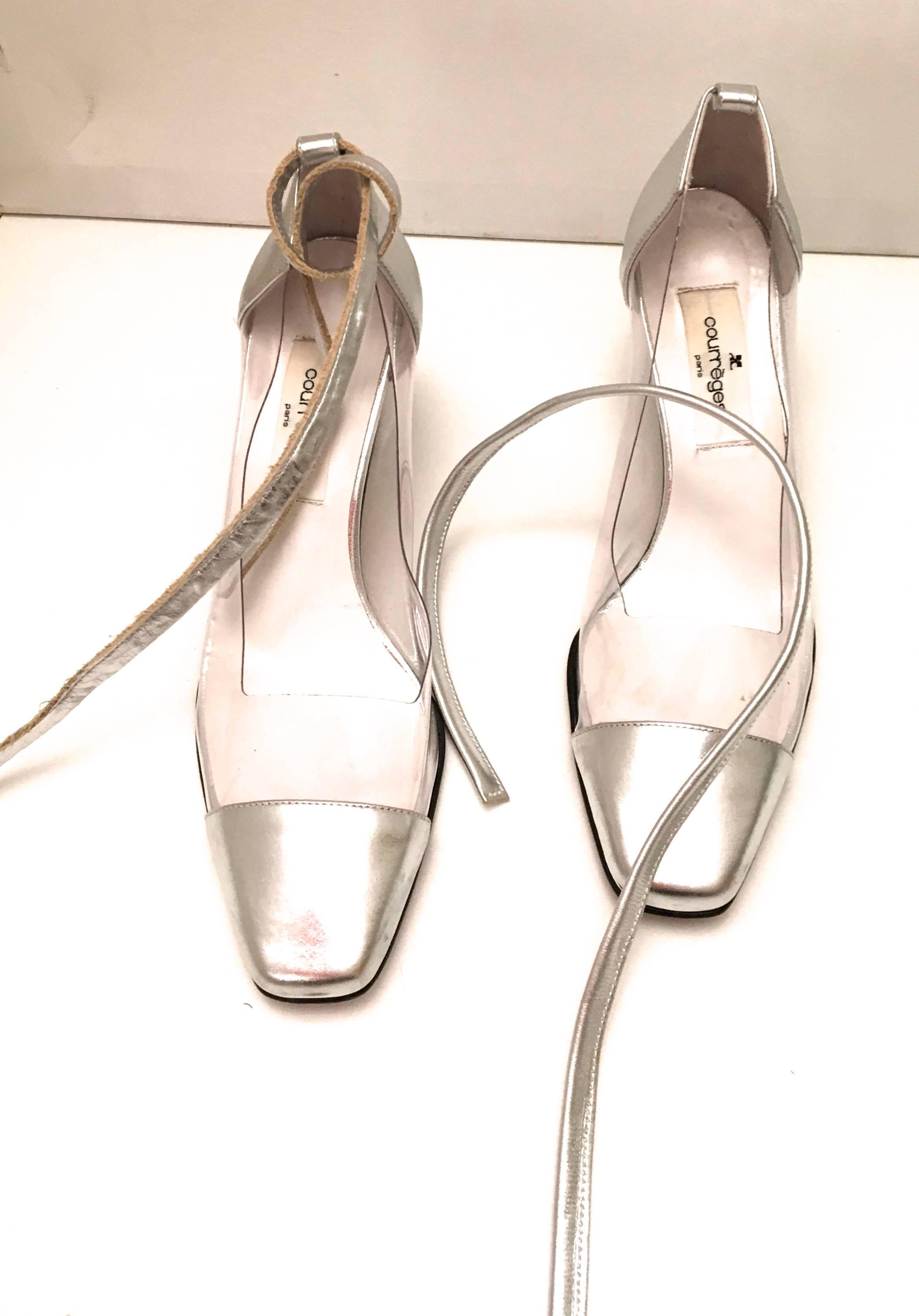 Beige Rare Courreges Shoes - Size 38 - Silver leather / Clear Plastic with Ankle Tie