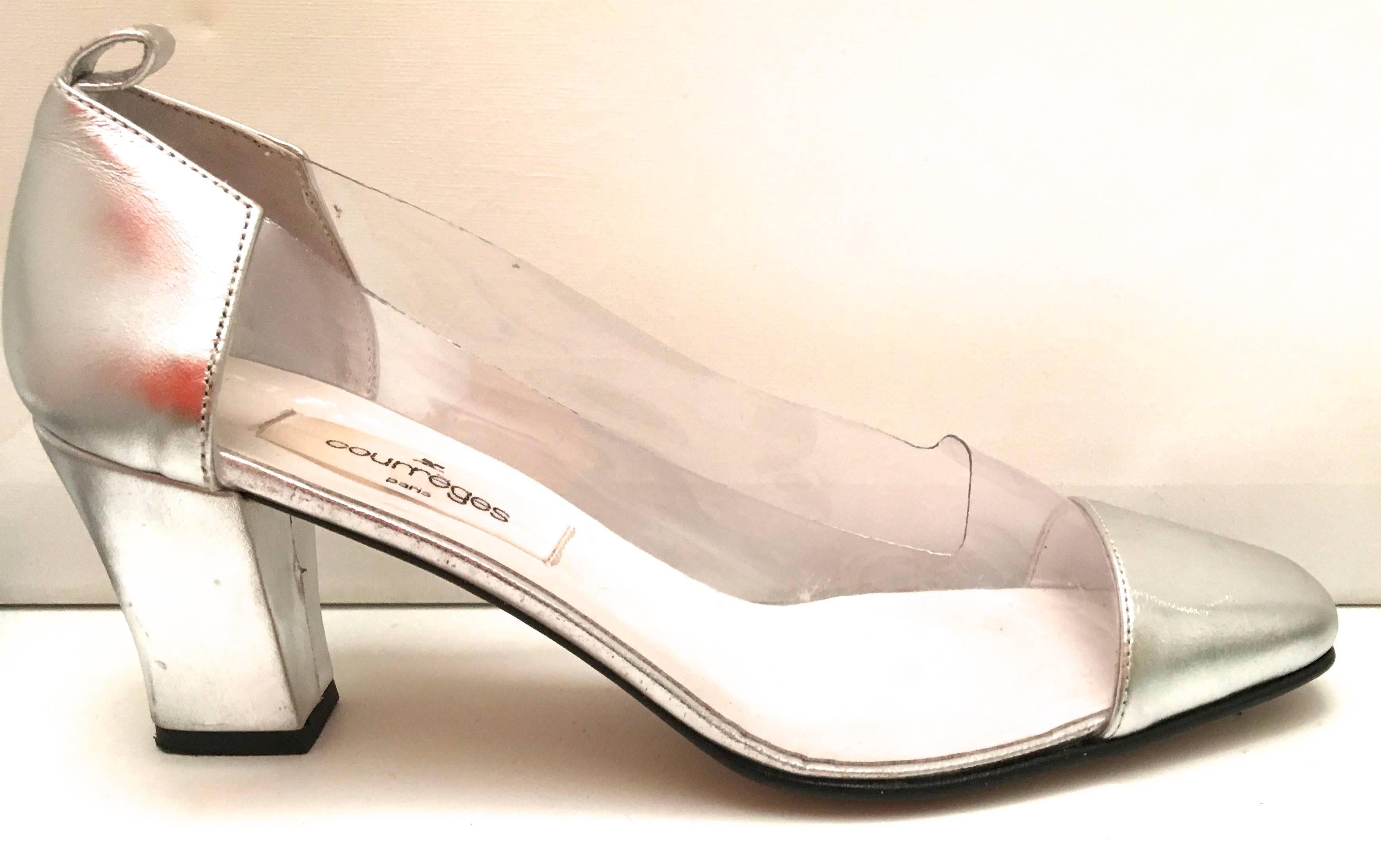 Rare Courreges Shoes - Size 38 - Silver leather / Clear Plastic with Ankle Tie In Excellent Condition In Boca Raton, FL