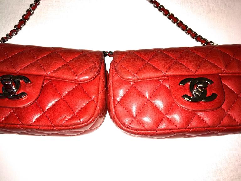 Chanel Crossbody Double Mini Classic Red Lambskin Bag Extremely