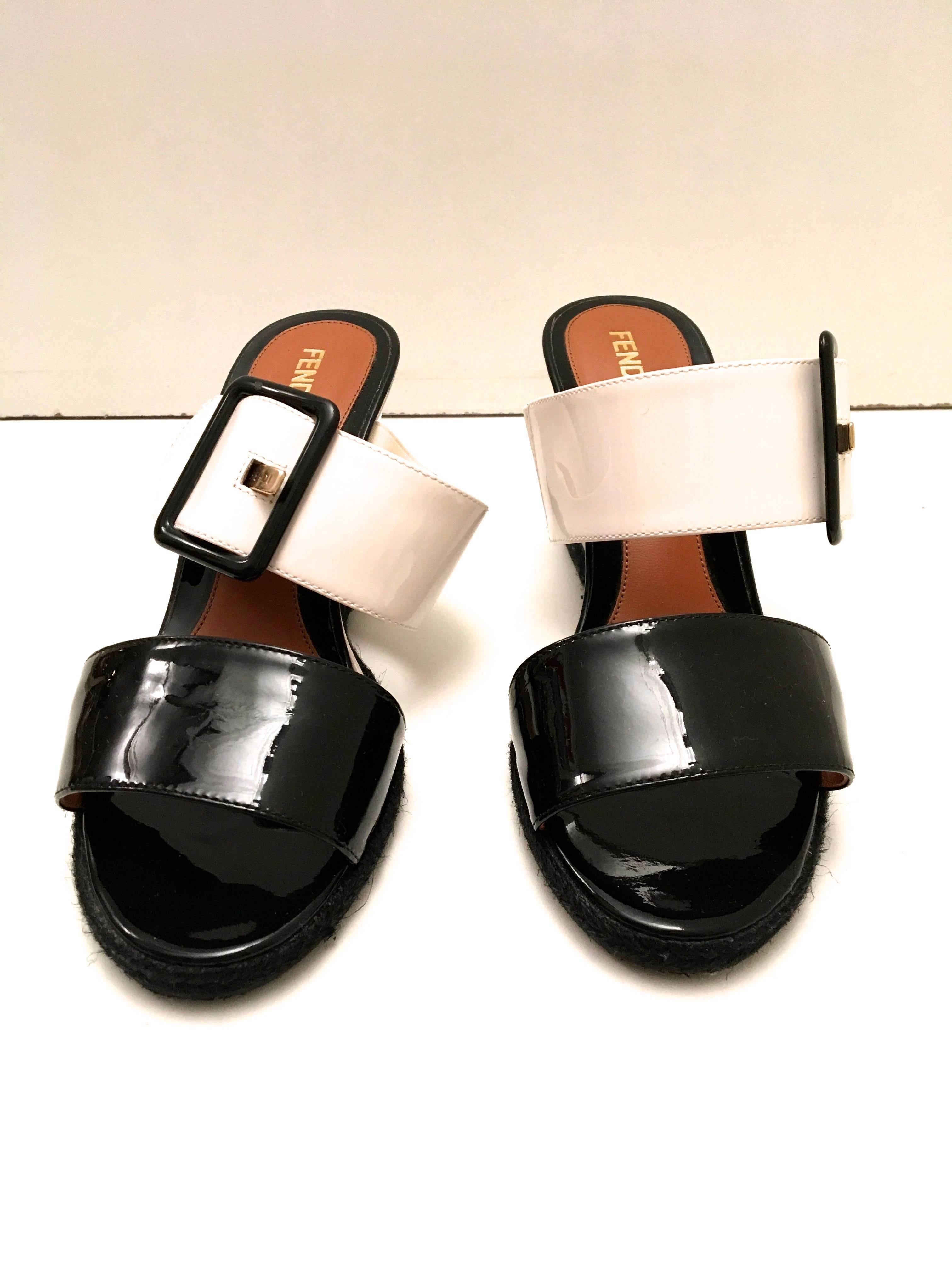 Fendi Patent Leather Wedges - Black and White - Size 37.5 For Sale 2