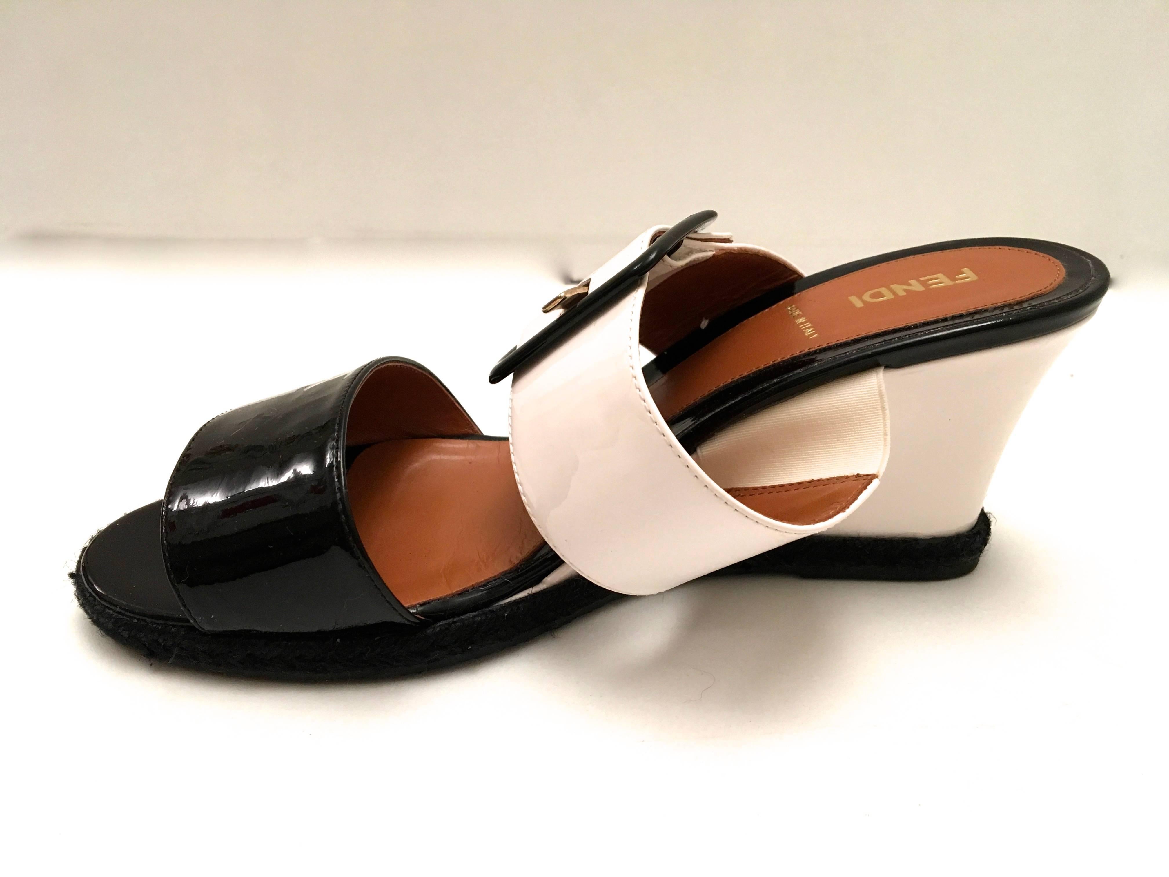 Fendi Patent Leather Wedges - Black and White - Size 37.5 For Sale 1