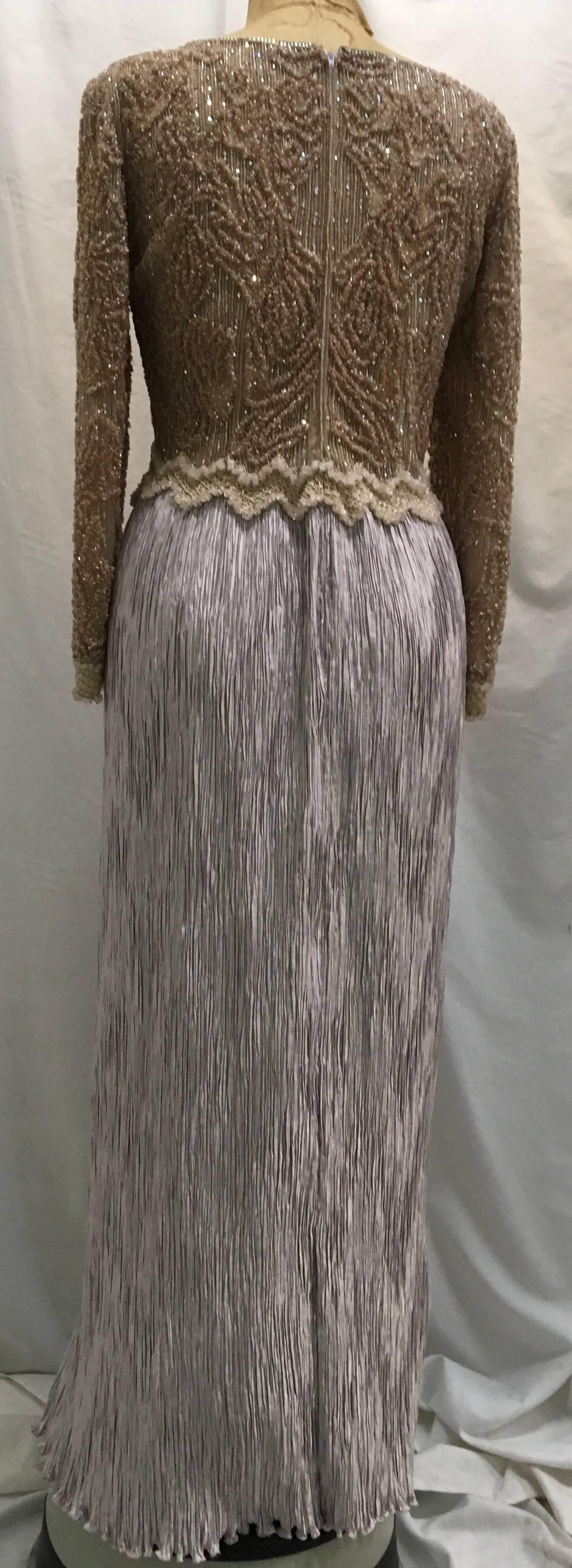Mary McFadden Beige Beaded Bodice w/ Light Lavender Skirt In Excellent Condition For Sale In Boca Raton, FL