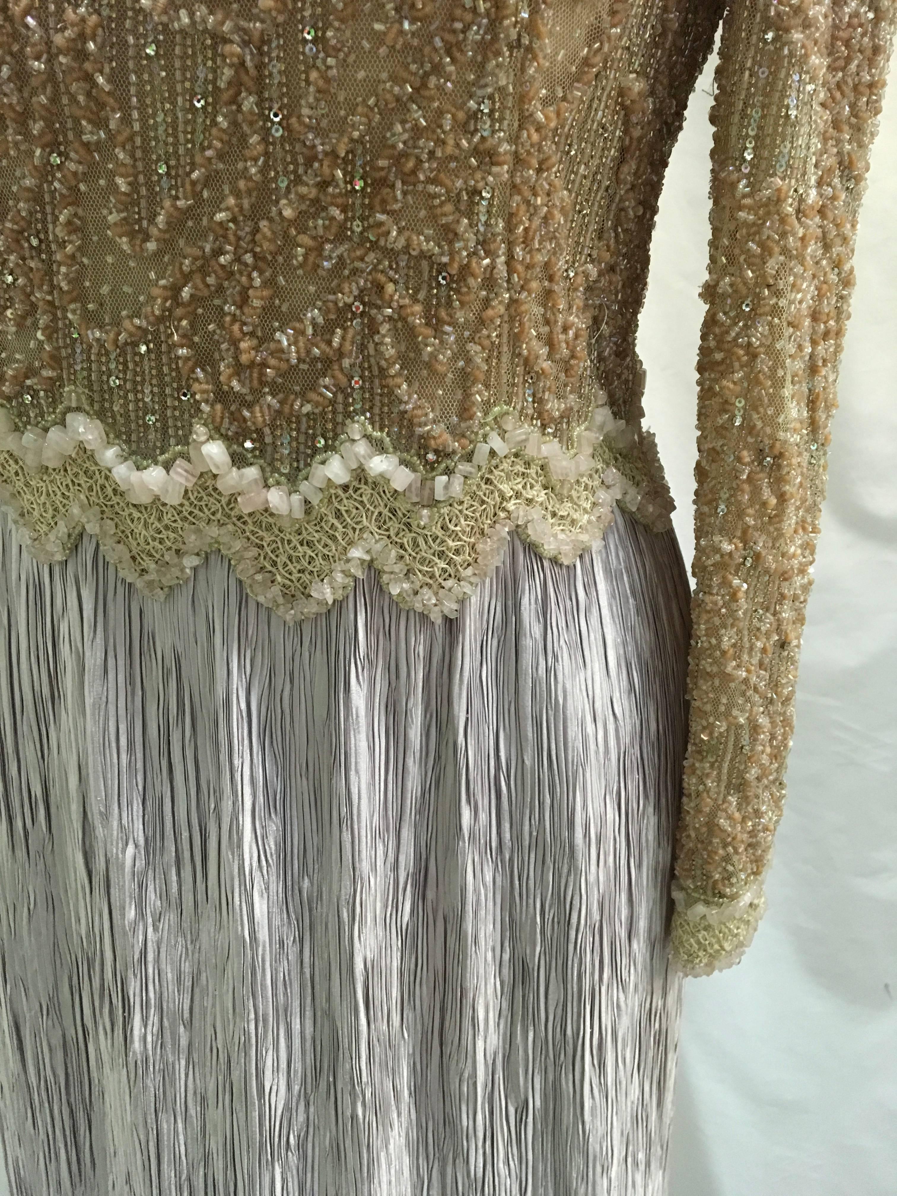 Mary McFadden Beige Beaded Bodice w/ Light Lavender Skirt For Sale 1